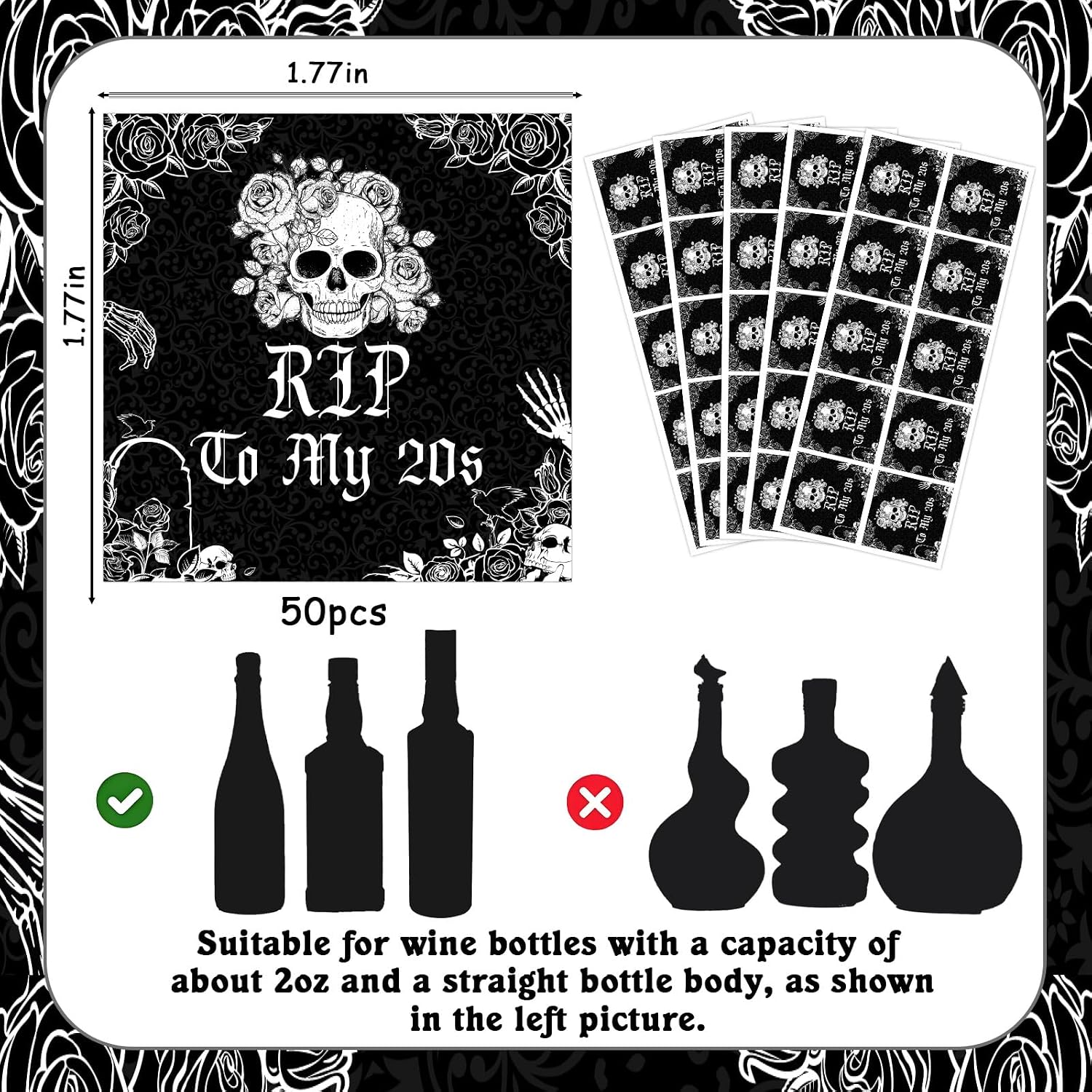 Gothic-Themed 30th Birthday Mini Wine & Champagne Bottle Labels Party Favors 50pcs – Rip To My 20s Mini Liquor Bottles Shot Glass Labels Stickers Happy Birthday Party Decorations