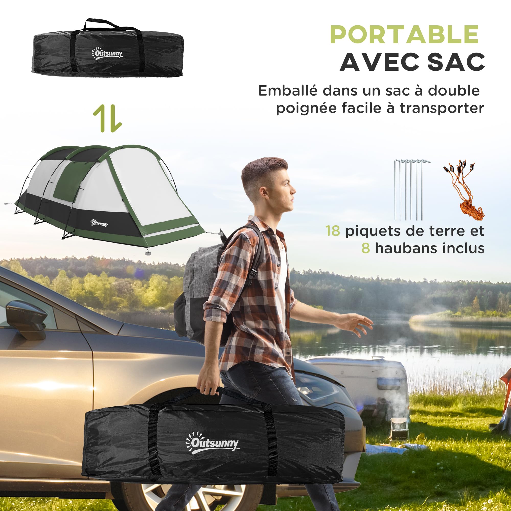 Outsunny Tente de Camping familiale 3-4 pers. - Tente Tunnel avec Porche étanche 3000 mm légère ventilée Facile à Monter - Sac de Transport Inclus - Gris