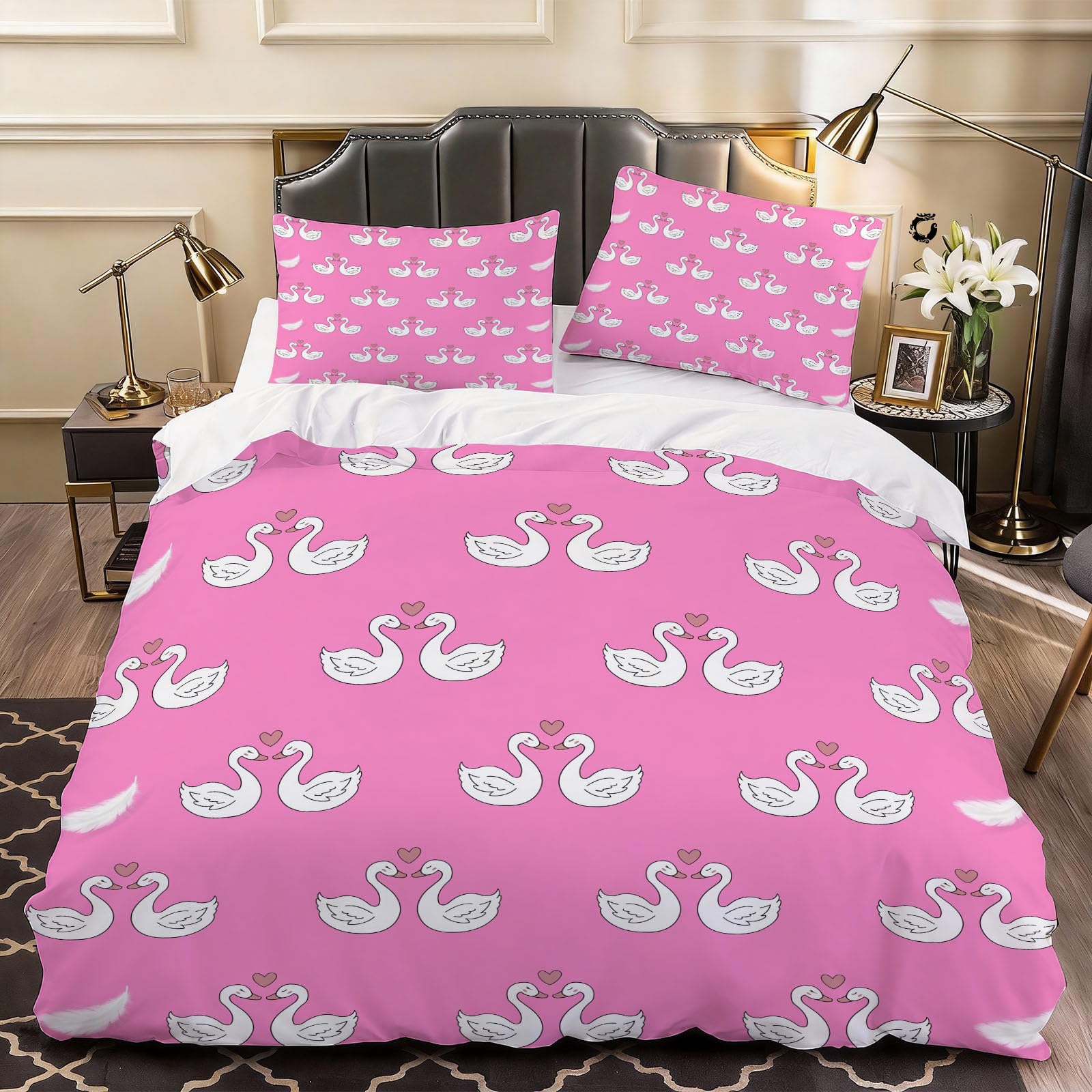 3D Swan Animal Duvet Cover Cute Animals Bedding Double Bed Set, Soft Microfiber Comforter Cover Printed with Zipper Closure Quilt Coverr 200x200 cm and 2 Pillowcases