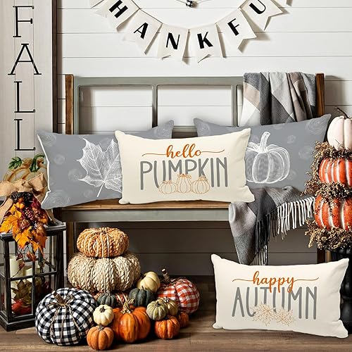 Miniatura 9 de Ywlake Juego de 4 fundas de almohada de otoño de 16 x 16 pulgadas, color naranja y hojas de arce, calabaza, decorativas, para vacaciones, 16 x 16