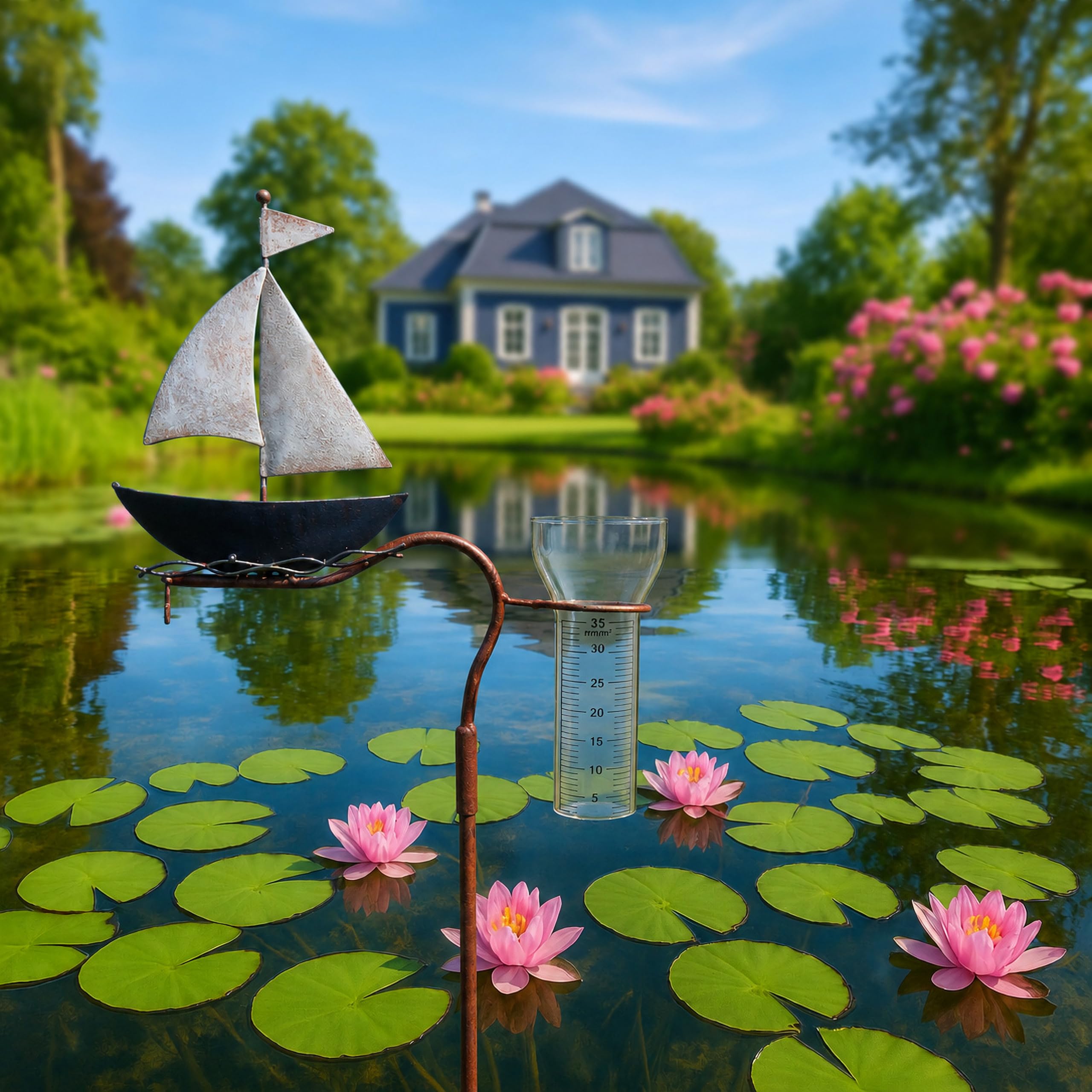 Pommerntraum ® | Regenmesser Niederschlagsmesser Pluviometer maritimer Gartenstecker Segelschiff mit Meisenknödelhalter - tolle nautische Gartendekoration + Gartenteichdeko (Segelboot)