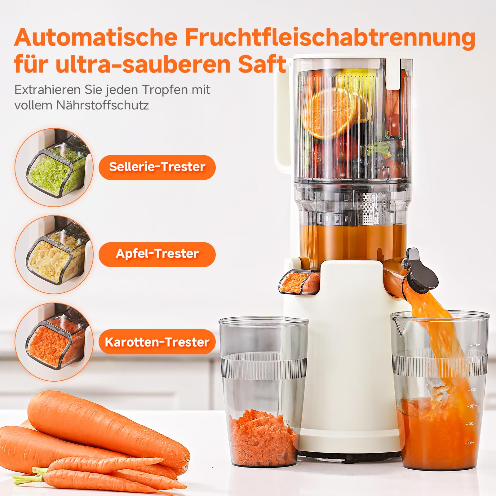 AOBOSI Slow Juicer mit 135 mm großer Einfüllöffnung, 200 W Kaltpress Entsafter mit Rückwärtslauf & Dreifachfilter, BPA-frei & leise, ideal für frischen Saft aus Obst und Gemüse