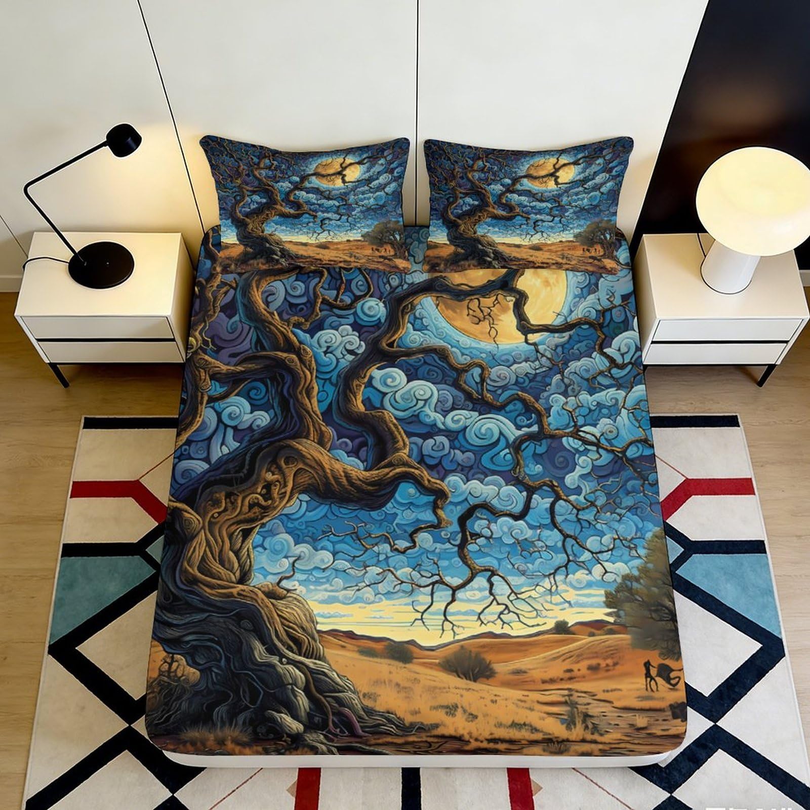 3D Printed Starry Night Tree Fitted Sheet Microfiber Soft Artistic Landscape Bed Cover for Bedroom Guest Room Easy Care 90x200x25cm
