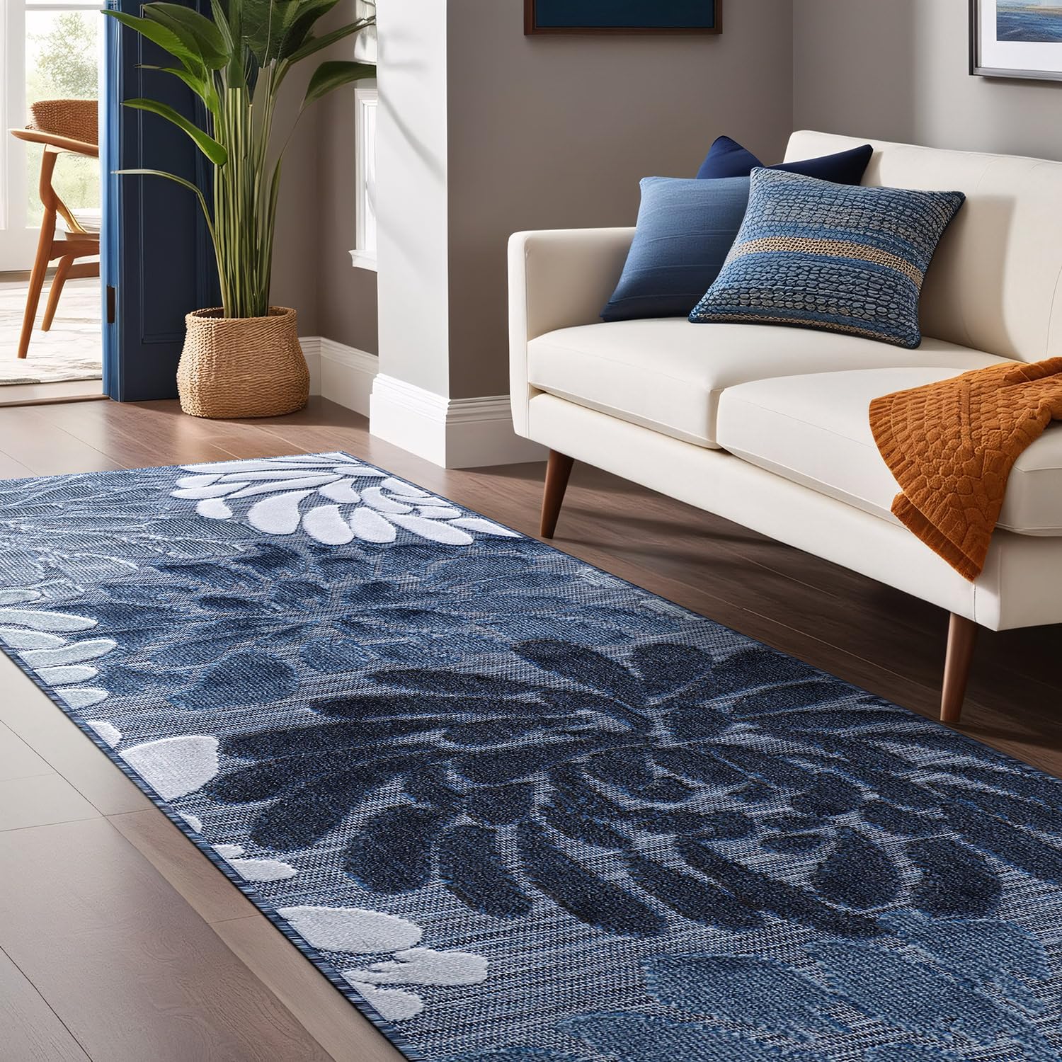 Luul Home Floral Indoor Outdoor Runner Rugs 2x7 Entryway Rug, Kitchen, Hallway Rug Washable Stain Resistant Outside Carpet Navy 2 x 7