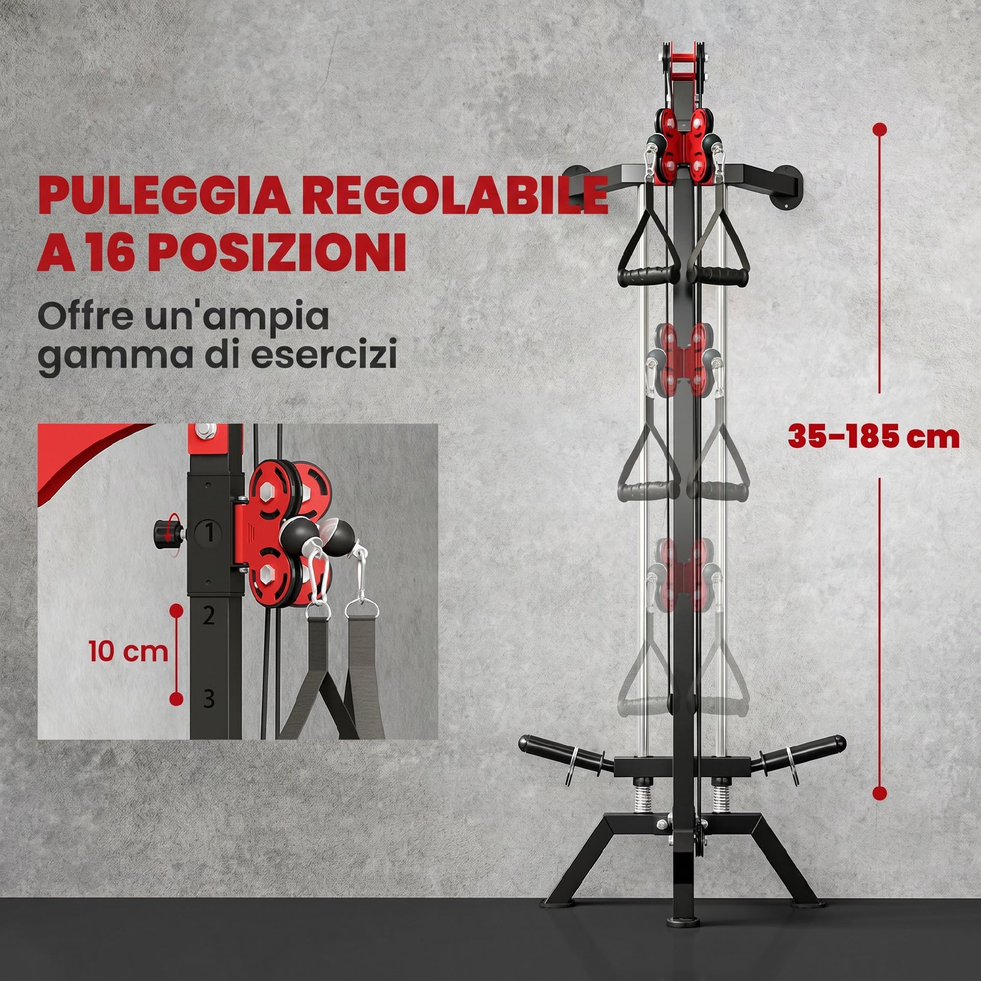 SPORTNOW Lat Machine da Parete con Pulegge Regolabili a 16 Livelli, Stazione a Cavi con Pulldown, Maniglia e Carico Pesi Regolabile, in Acciaio, per Allenamento Fitness Casa Palestra Multifunzione
