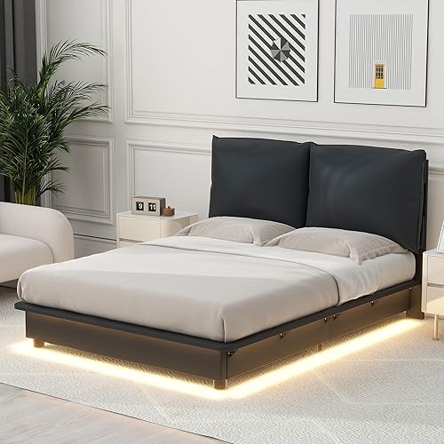 Miniatura 285 de Base de cama flotante tamaño Queen con luces LED y carga USB, marco de cama LED de plataforma tapizada moderna, no necesita somier (blanco-1)