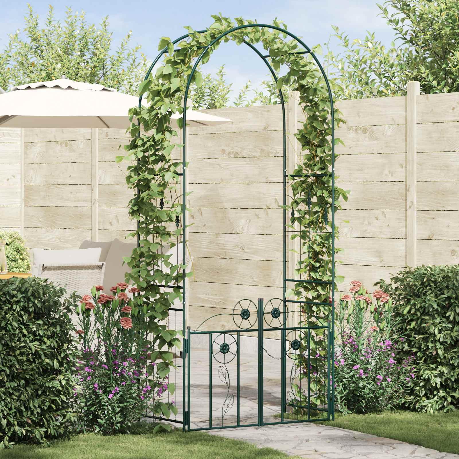 Gartenbogen mit Schloss Metall Rankhilfe für Kletterpflanzen Rosentor Gartentor Durchgang 102 x 50 x 218 cm Grün