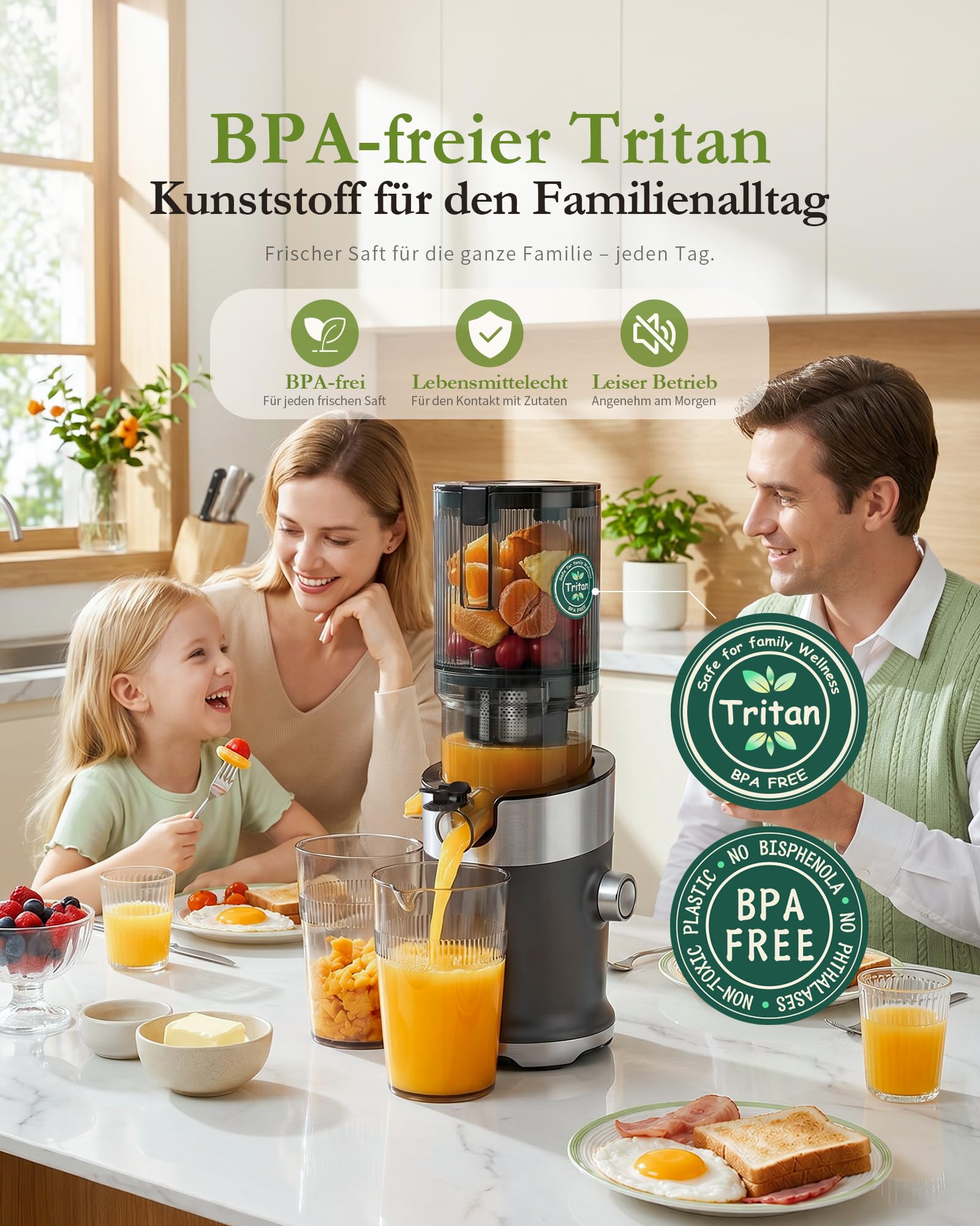 Slow Juicer Entsafter BPA-frei Tritan 130 mm Einfüllöffnung 1,5 L Kaltpress-Saftpresse 220 W