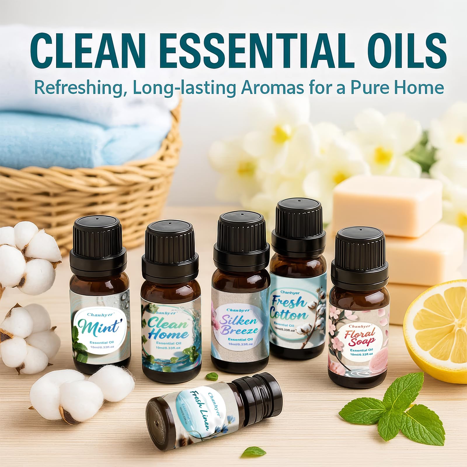 Sauber Clean Fresh Ätherische Öle Set 6 x 10 ml – Duftöl Set für Diffuser/Diffusor, Raumduft & Luftbefeuchter – Frische Wäsche, Baumwolle, Puderduft, Pfefferminze, Sauberes Zuhause & Blütenseife