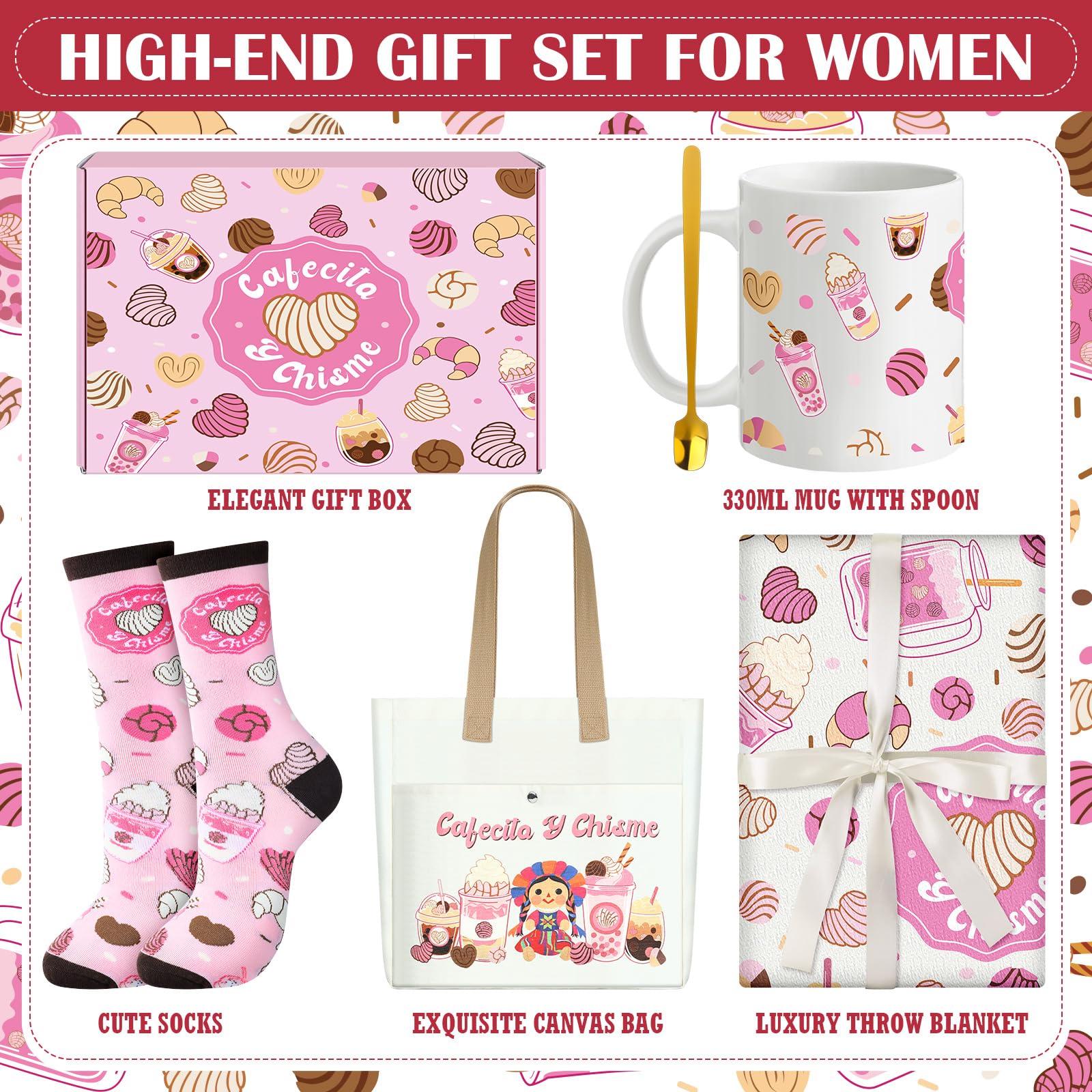 Dansydaisy Cafecito Y Chisme Gift for Women Funny Mexican Gift for Lady Birthday for Mom Sister Wife Mexican Concha Pun Blanket Socks Mug Tote Bag Set Cute(Cafecito Y Chisme)