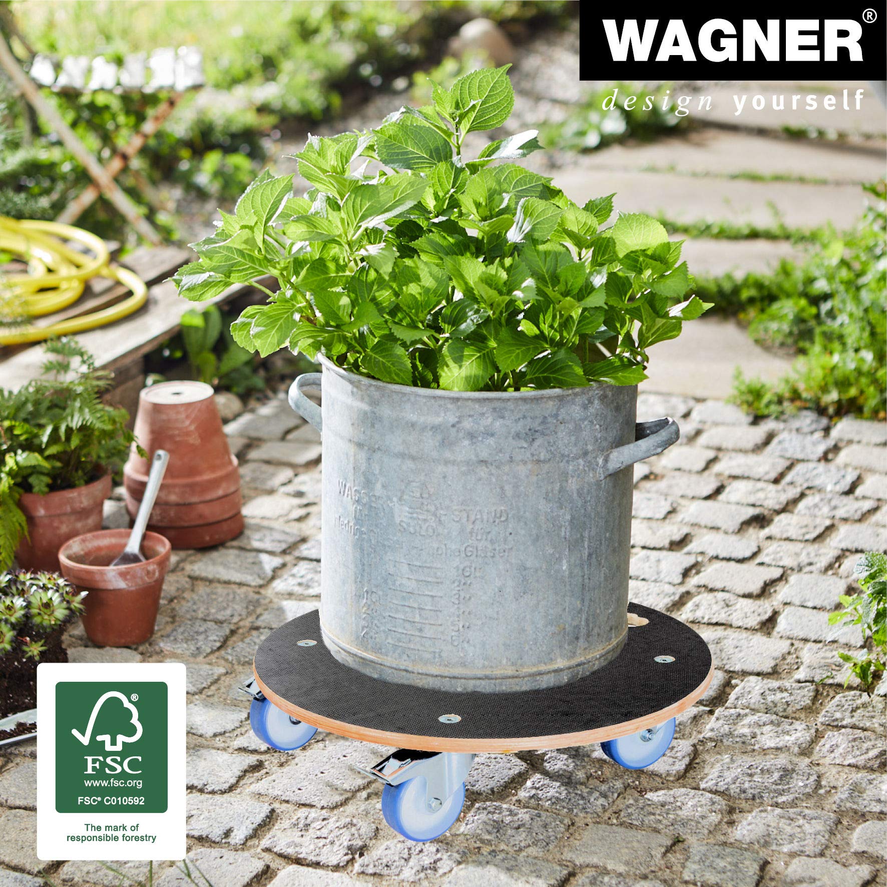 Wagner Plant Caddy Maxigrip - Ø 22.83 x 5.71 in - Transport Helper & Plant Stand for Indoor + Outdoor, tranport Helper Wood, 2 Breaks, Load Capacity 660 lbs, Made in Germany - 64-1168