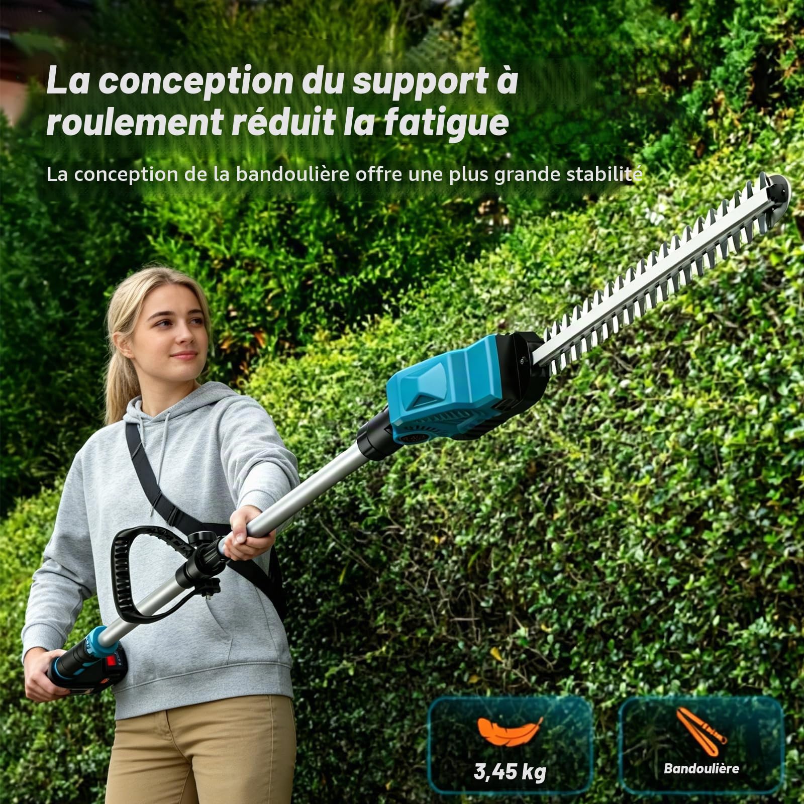 Taille Haie Electrique Telescopique 2,6 m, Taille-Haies sur Perche sans Fil avec 2 * Batteries 4,0Ah, Lame Double Action 48 cm, Tête Pivotante 135° Réglable, Taille-Haies Électriques pour Haies Hautes