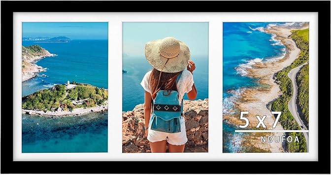 8x16 Collage Picture Frames Black Display Three 5x7 Photos with 3 Openings Mat for Horizontal or Vertical