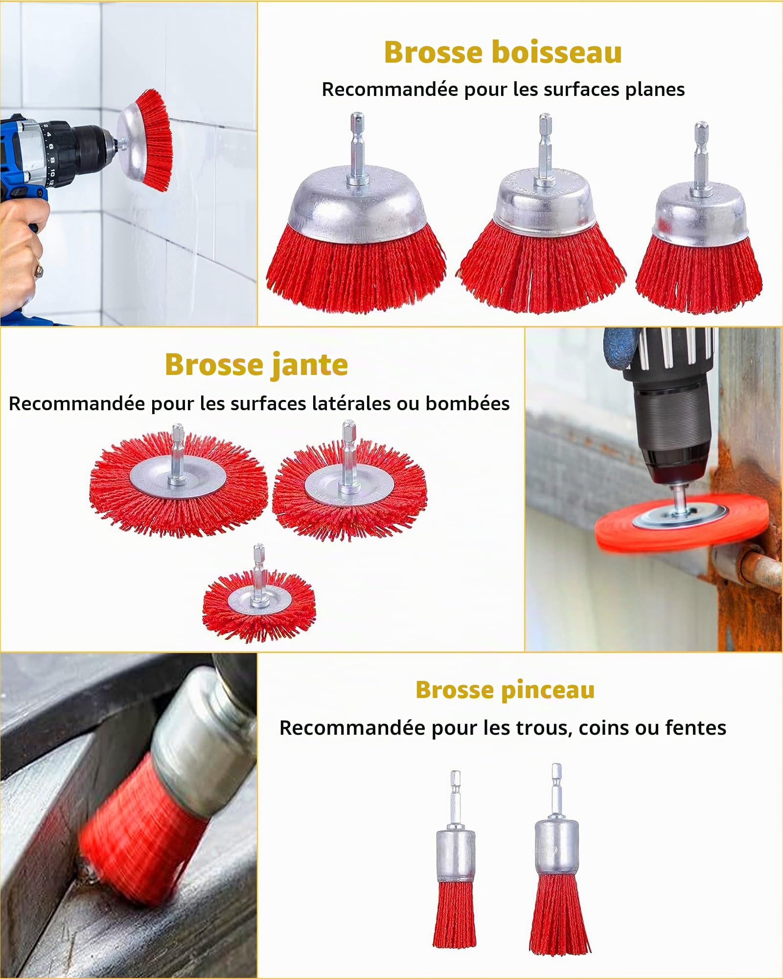 8 Pièces Brosse Nylon Perceuse: 8 tailles Debrosse Nylon Meuleuse Avec Arbre 1/4 pour Enlever la Rouille et la Corrosion de la Peinture