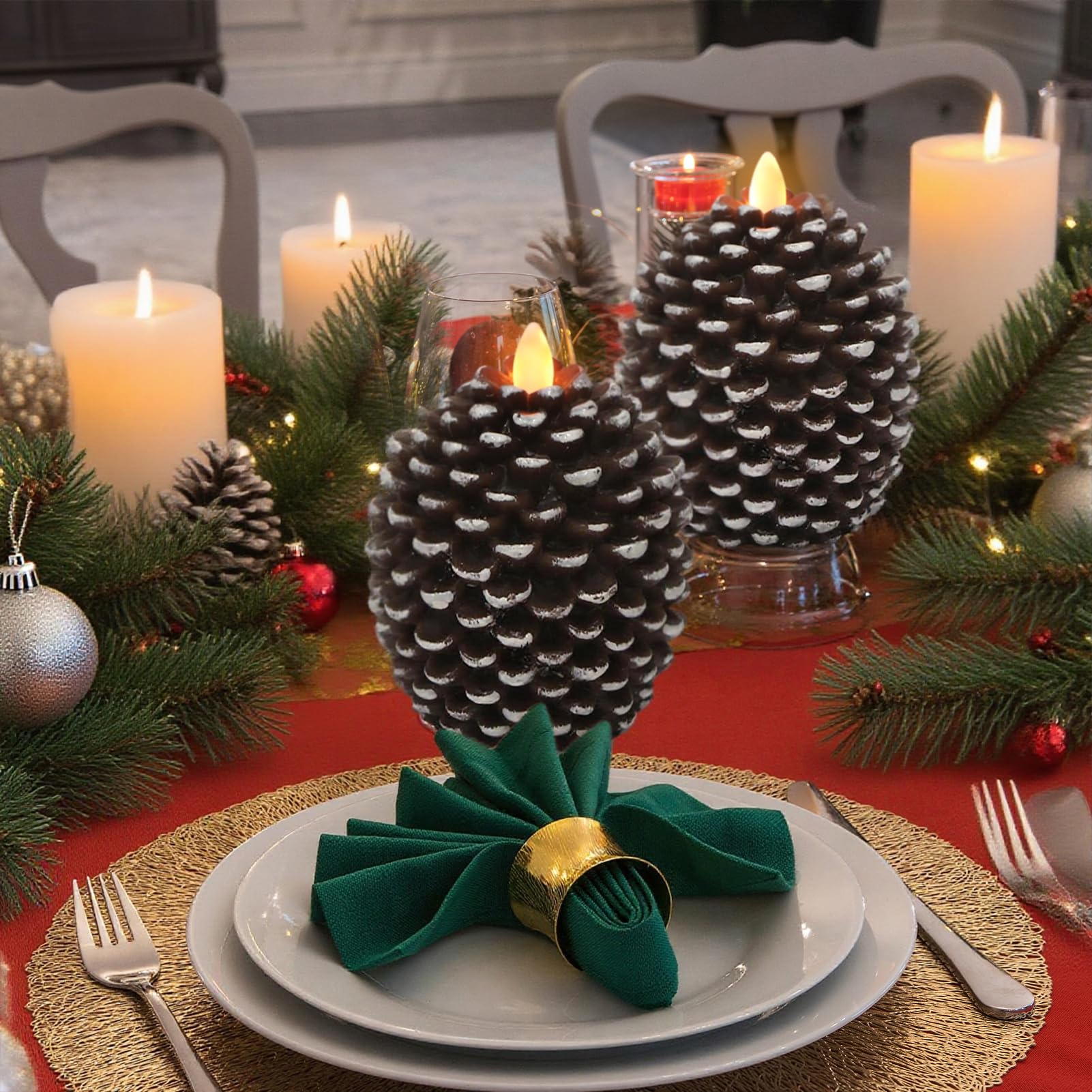 Wondise Candele senza fiamma con timer 6H, stoppino tremolante a batteria, candele in vera cera a forma di pigna, per decorazione di interni e festività, set di 2, marroni (8,9 x 11,9 cm)
