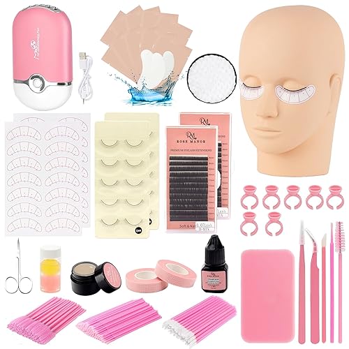 Kit de extensión de pestañas para principiantes, con cabeza de maniquí, pegamento de pestañas individual, removedor de pestañas, abanico,