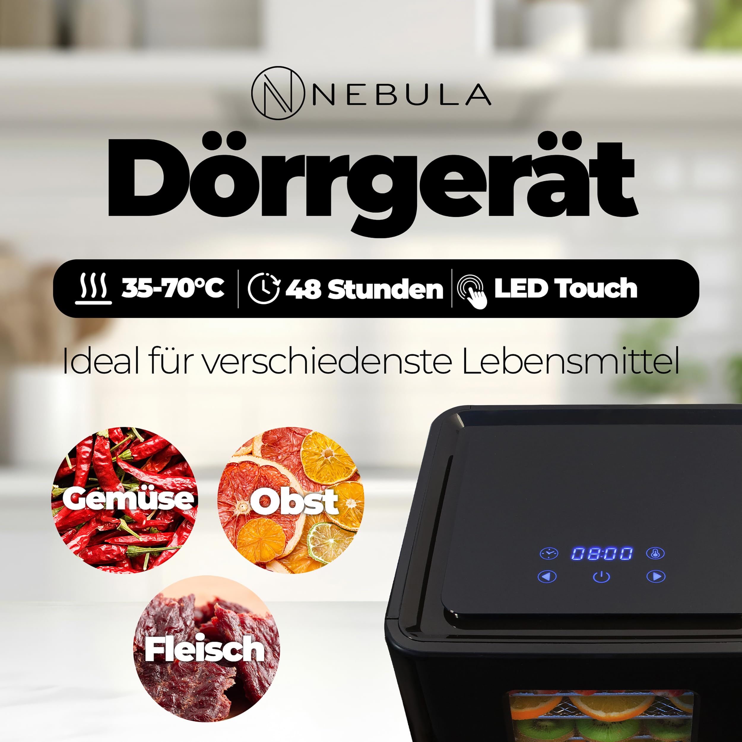 Nebula Lebensmitteltrockner 400W Mit 6 Edelstahl-Ebenen | Schwarz | Digitaler Lebensmitteltrockner Für Obst, Gemüse, Fleisch Und Kräuter – Led-Timer Und Einstellbare Temperatur