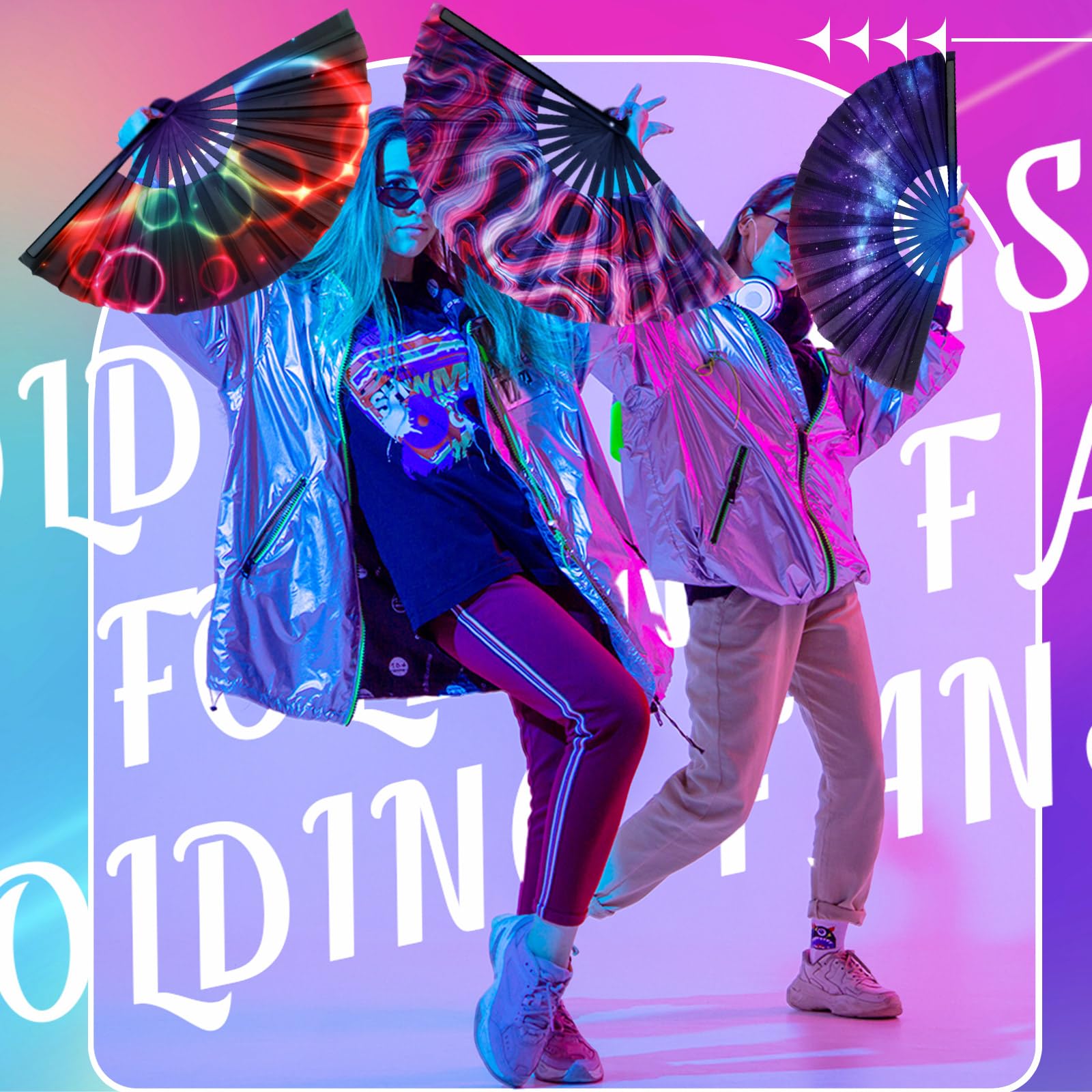 FairySandy Set di 15 grandi ventagli pieghevoli con costole di bambù e case Craft Rave Fans Rainbow Hand Fan per Drag Queen Dance Music Festival Party Performance e regali, 15 stili, 63,5 cm
