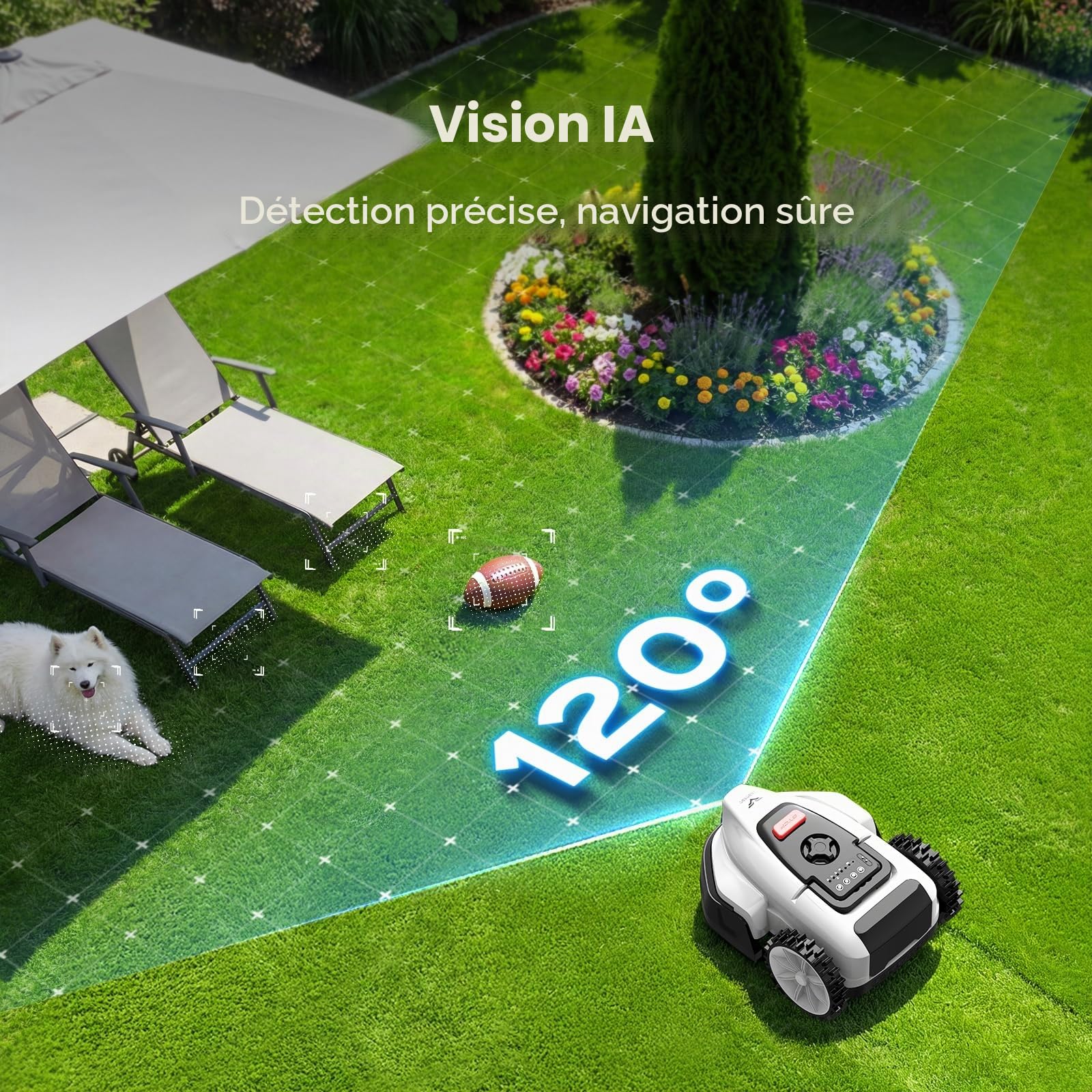 V3 Robot Tondeuse sans Fil Périphérique, Navigation IA par Vision, Contrôle Via Application, Fonctionnement Silencieux, pour Petits Jardins jusqu'à 100 m²