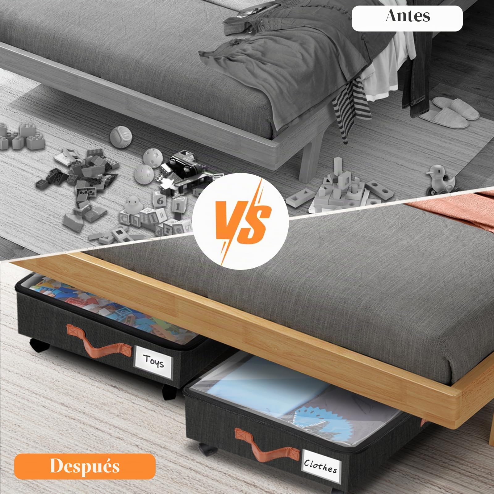 2 Piezas Cajas Almacenaje Ropa con Ruedas, Negro 38L Grande Caja Bajo Cama con Tapa Ventana Visible Marco Metálico Almacenaje Bajo Cama Para Zapatos Mantas Ropa Juguetes Libros Edredones