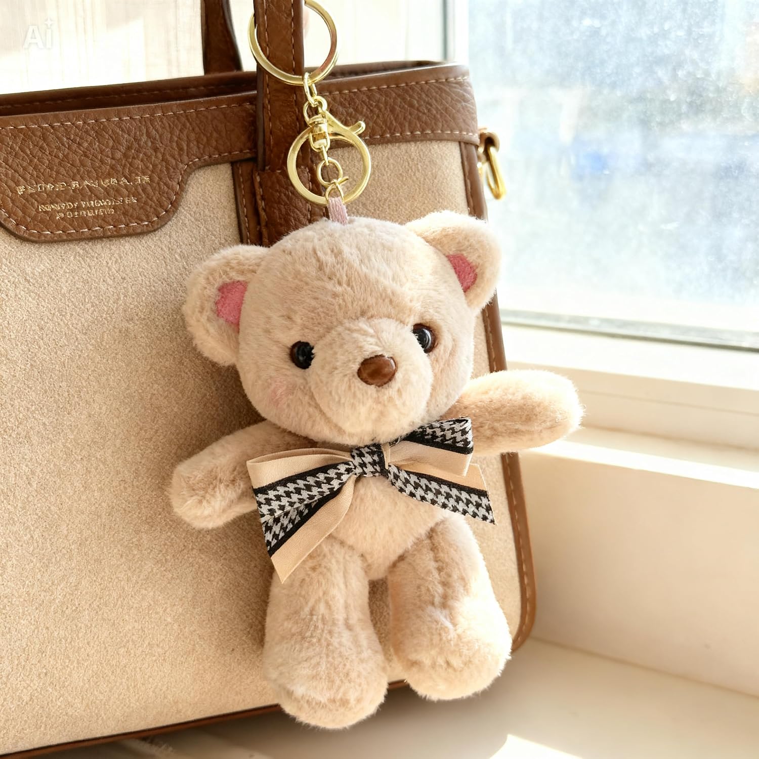 Teddy Bear Plush Keychain with Bow Tie, Beige Soft Bag Charm Pendant, Fashion Accessory, 14+ Collectible, Cute Accessories image 2