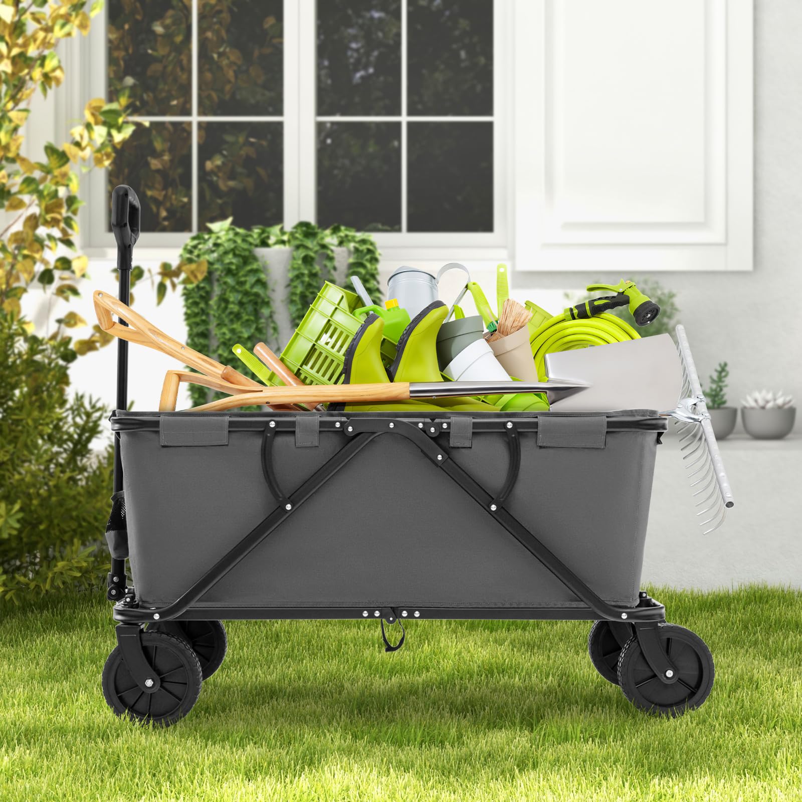 COSTWAY Carrello da Spiaggia Pieghevole 170 L, Carrello con Ruote Portatutto con Maniglia Regolabile e 360° Ruote, Portabottiglie e Tasca Portaoggetti, Carretto Giardino per Campeggio (Grigio)
