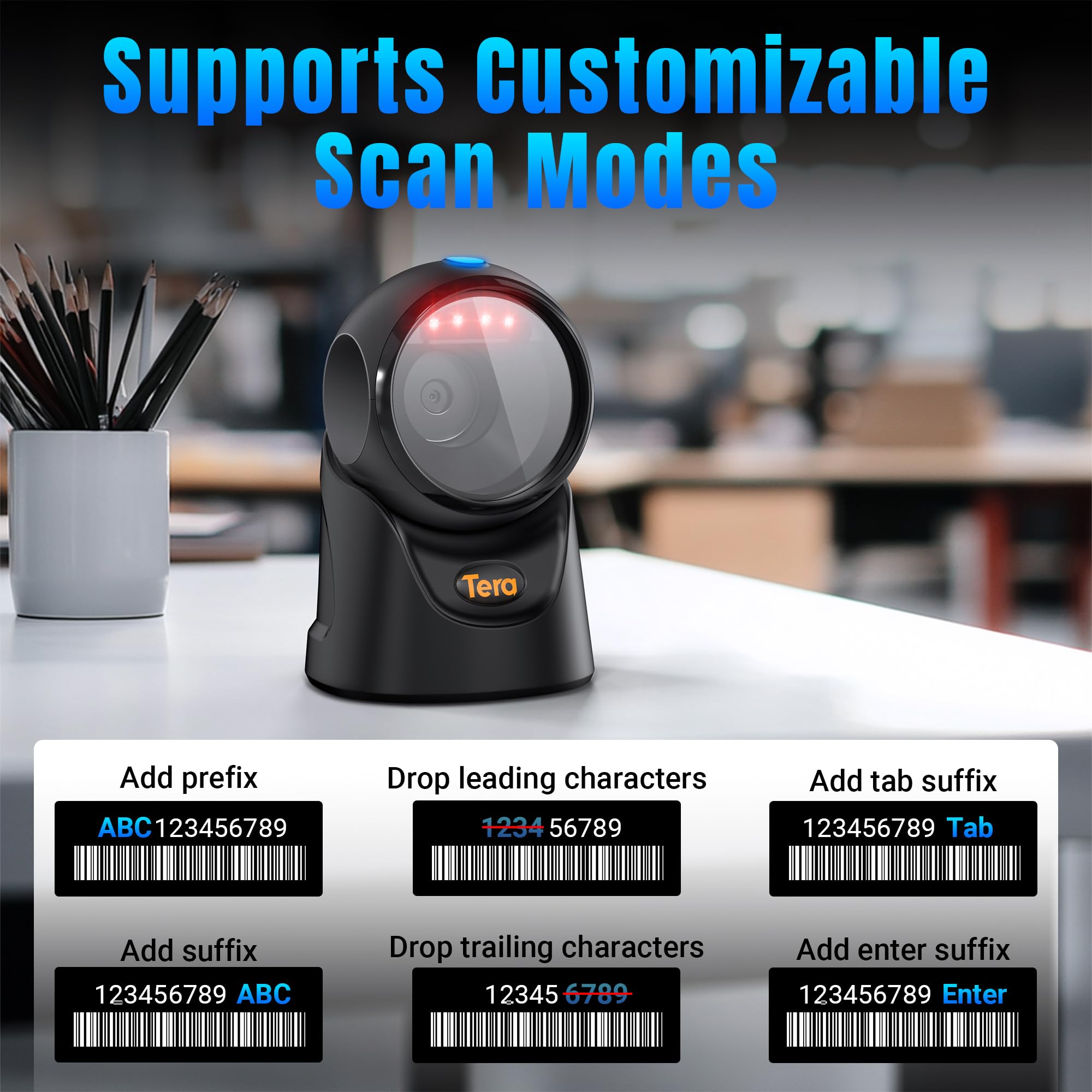Tera Barcode Scanner Omnidirektional 1D 2D QR Code Desktop-Lesegerät USB Kabelgebunden Verstellbarer Winkel 9700