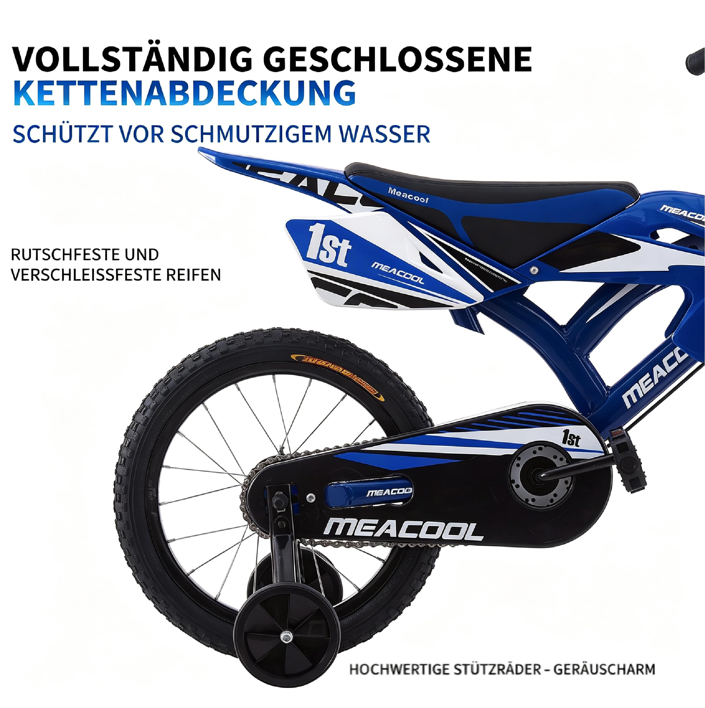 16/18 Zoll Motorrad-Stil Kinderfahrrad, Motorcross Fahrrad mit V-Brake Bremsen, Kinderfahrrad für Kinder im Alter von 4-9 Jahren mit Stützrädern und Schutzblech, 90% Vormontiert
