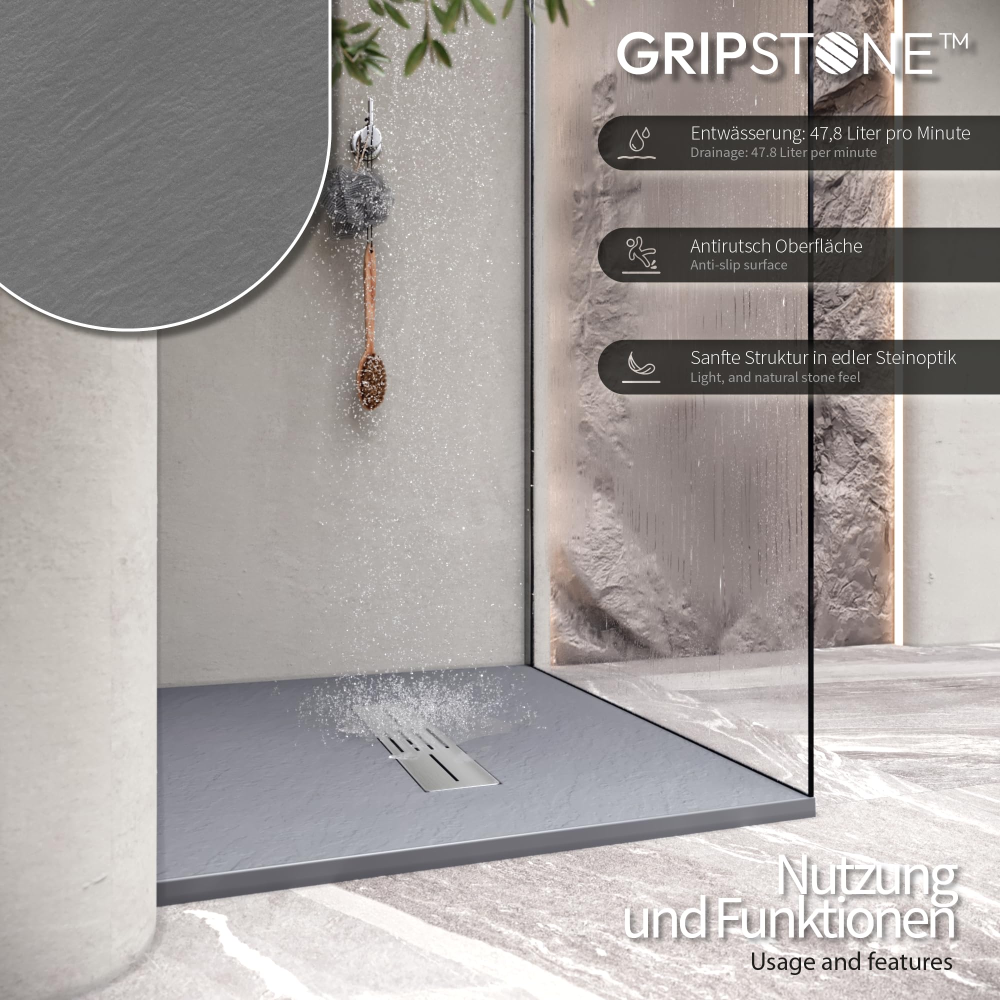 SMC Duschwanne LUMIA 80x180 cm Grau RAL7030 extra flache robuste Duschtasse, ANTI-Rutsch-Oberfläche in Schieferoptik inkl. Ablaufgarnitur und Edelstahl Deckel