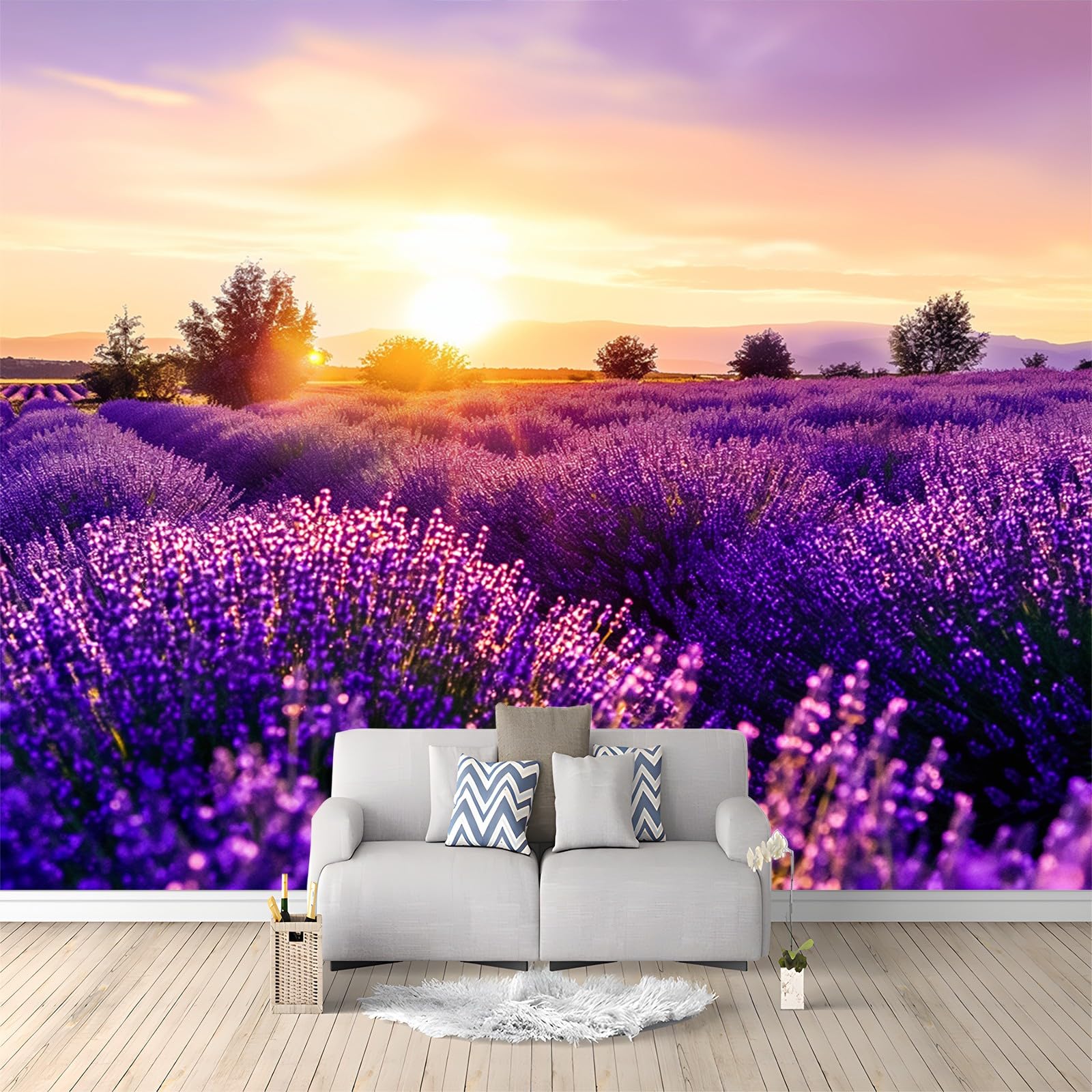 Tapeta 400 x 280 cm, tapeta z włókniny, naturalny zachód słońca, pole lawendowe, wodoszczelna, folia ochronna na ścianę, do sypialni, salonu, tapeta ścienna, fototapeta fioletowa, w zestawie poradnik