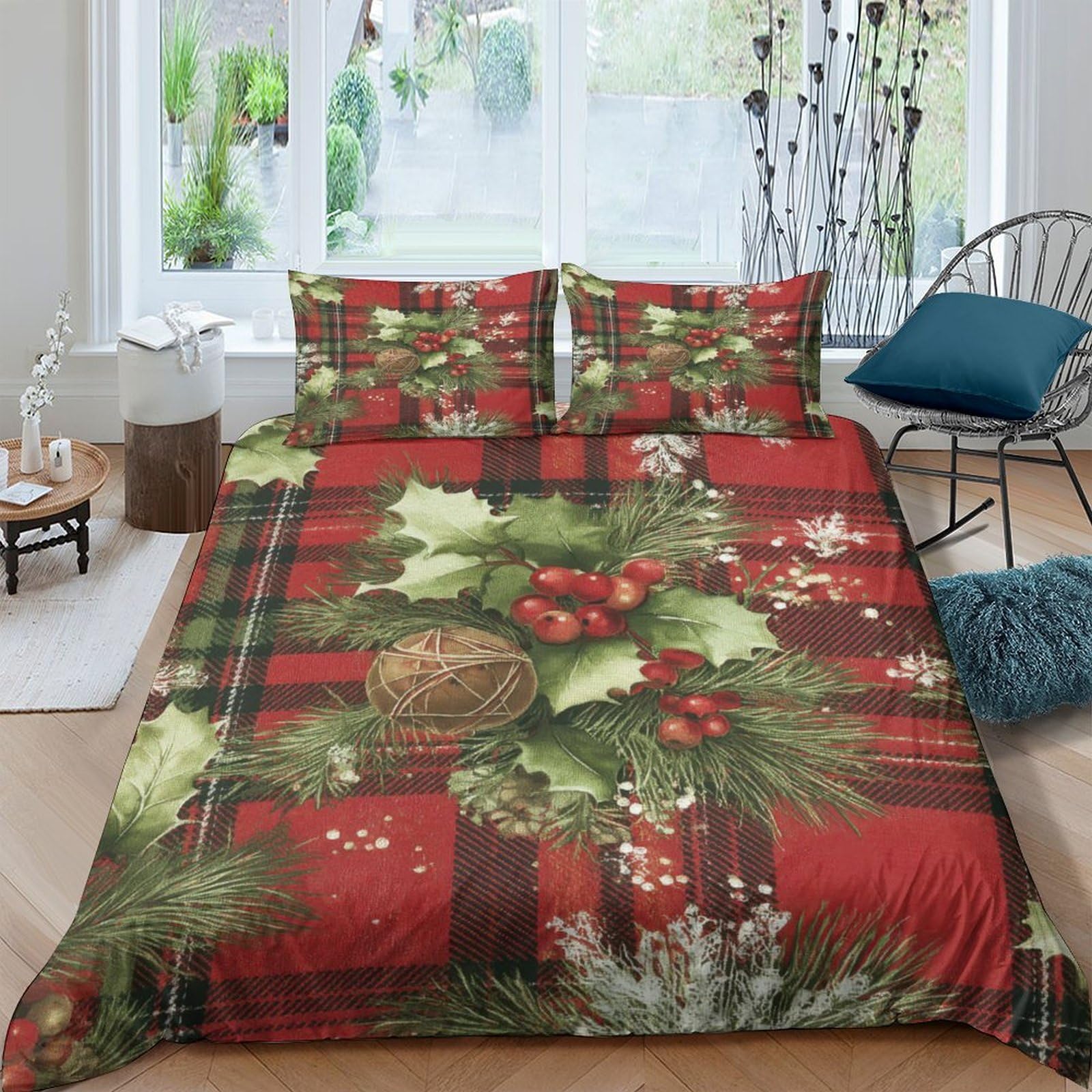 Ctjqhvkz Style-7 3D Printed Christmas Plaid Fitted Sheet Microfiber Soft Red Green Pine Holly Bed Cover For Bedroom Guest Room Decor Single（135X200cm）