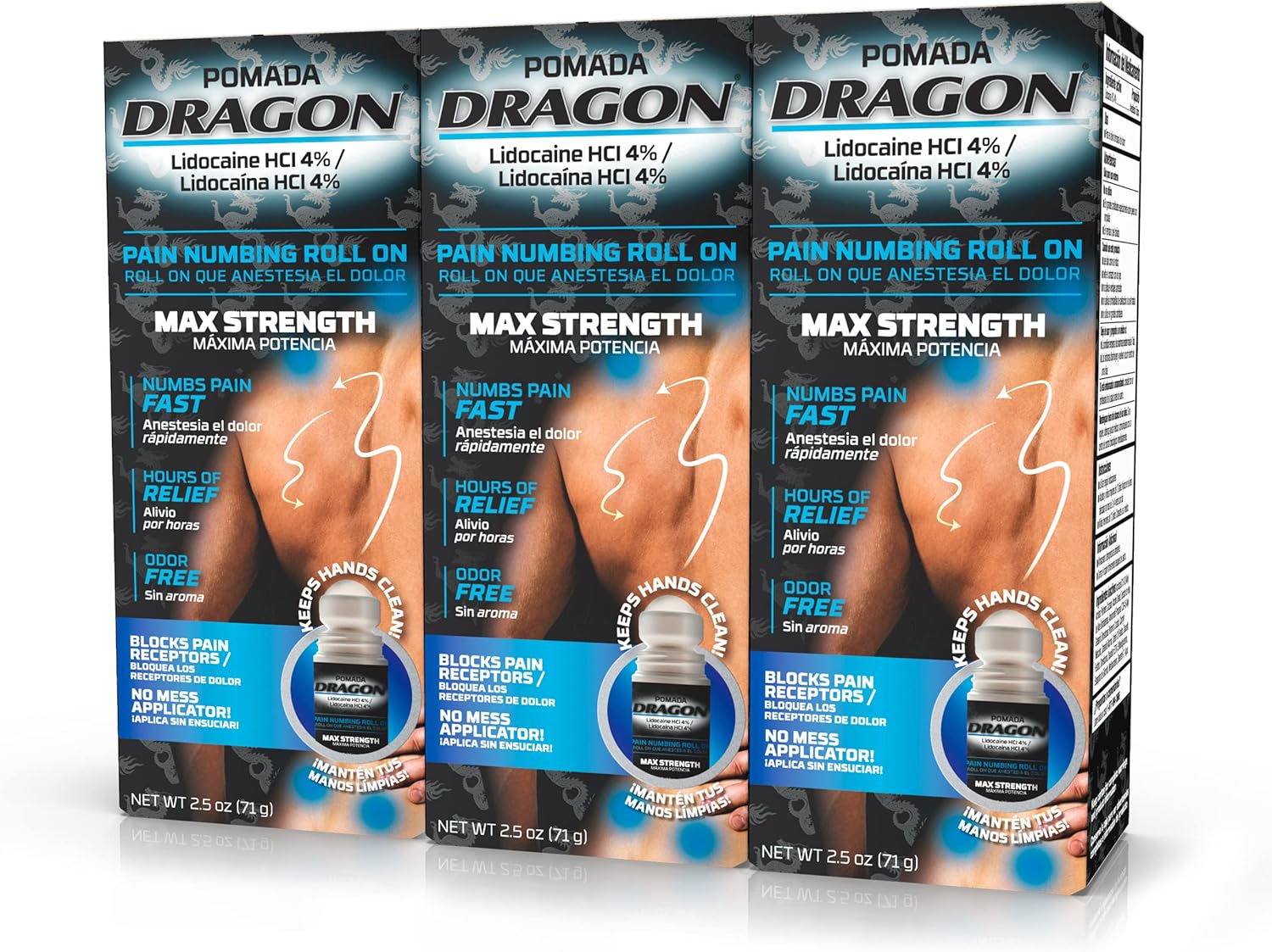 Dragon - POMADA, Maximum Strength- Pain Numbing & Long Lasting Pain Relief No Mess Applicator with Lidocaine Roll On, 2.5 oz, Pack of 3