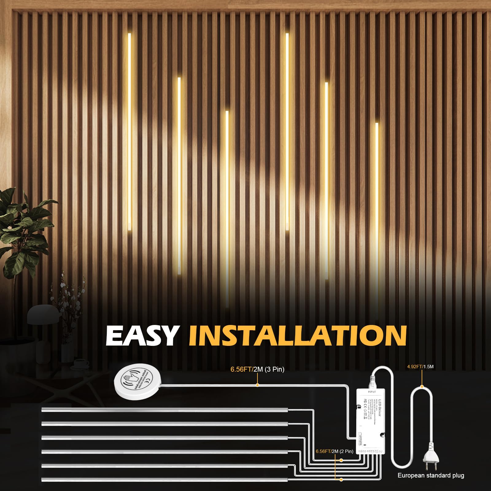 Tiras LED para Paneles Acústicos, 6 x 90 cm - Iluminación Dimmable con Sensor Táctil, Tira LED Incorporada y Cortable para Paneles Acústicos, Estantes, Armarios