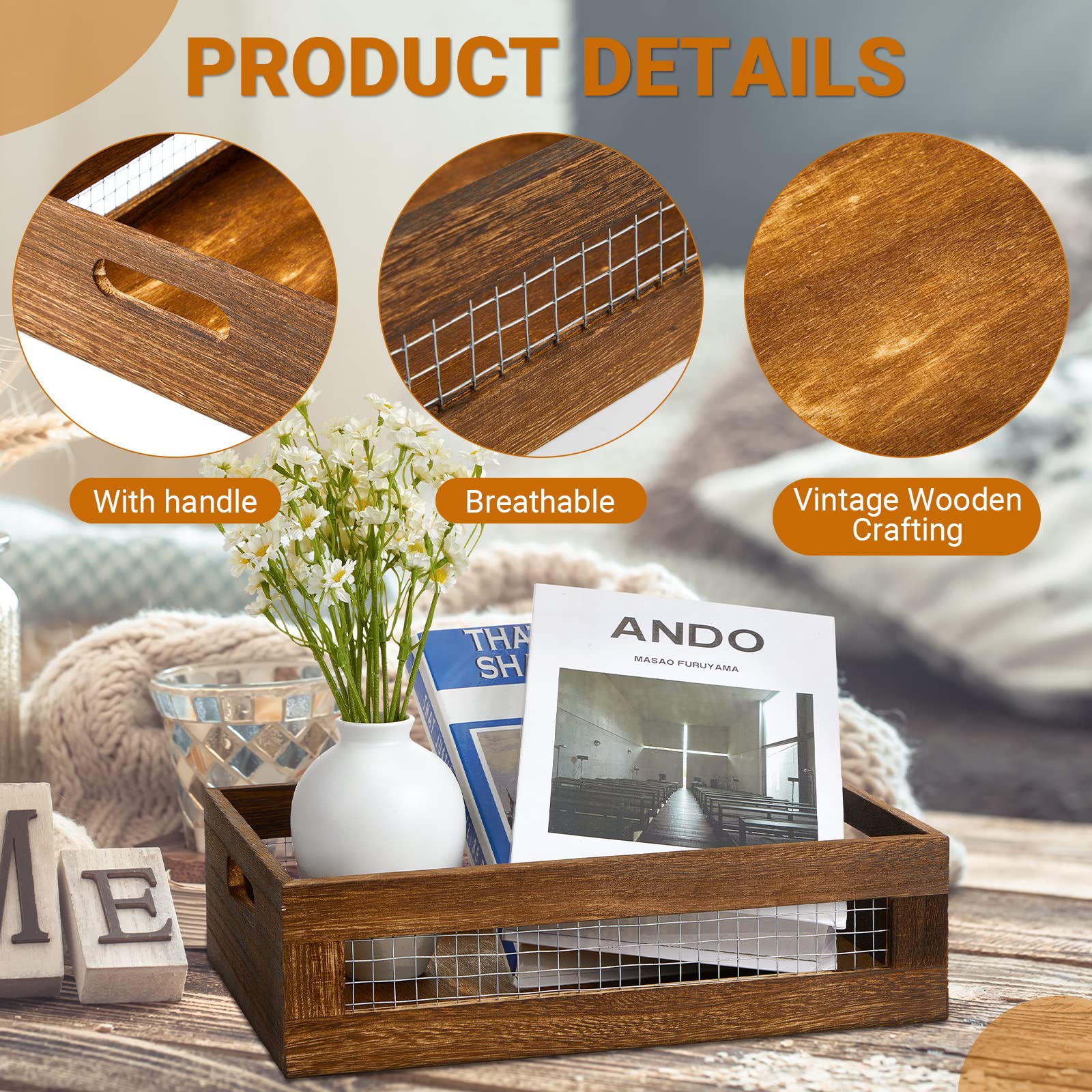 Set of 6 Wooden Nesting Countertop Baskets for Kitchen, Decorative Storage Basket Wood Wire Containers with Handle Wooden Organizer Crates Basket for Fruit Vegetables Bread Produce Pantry