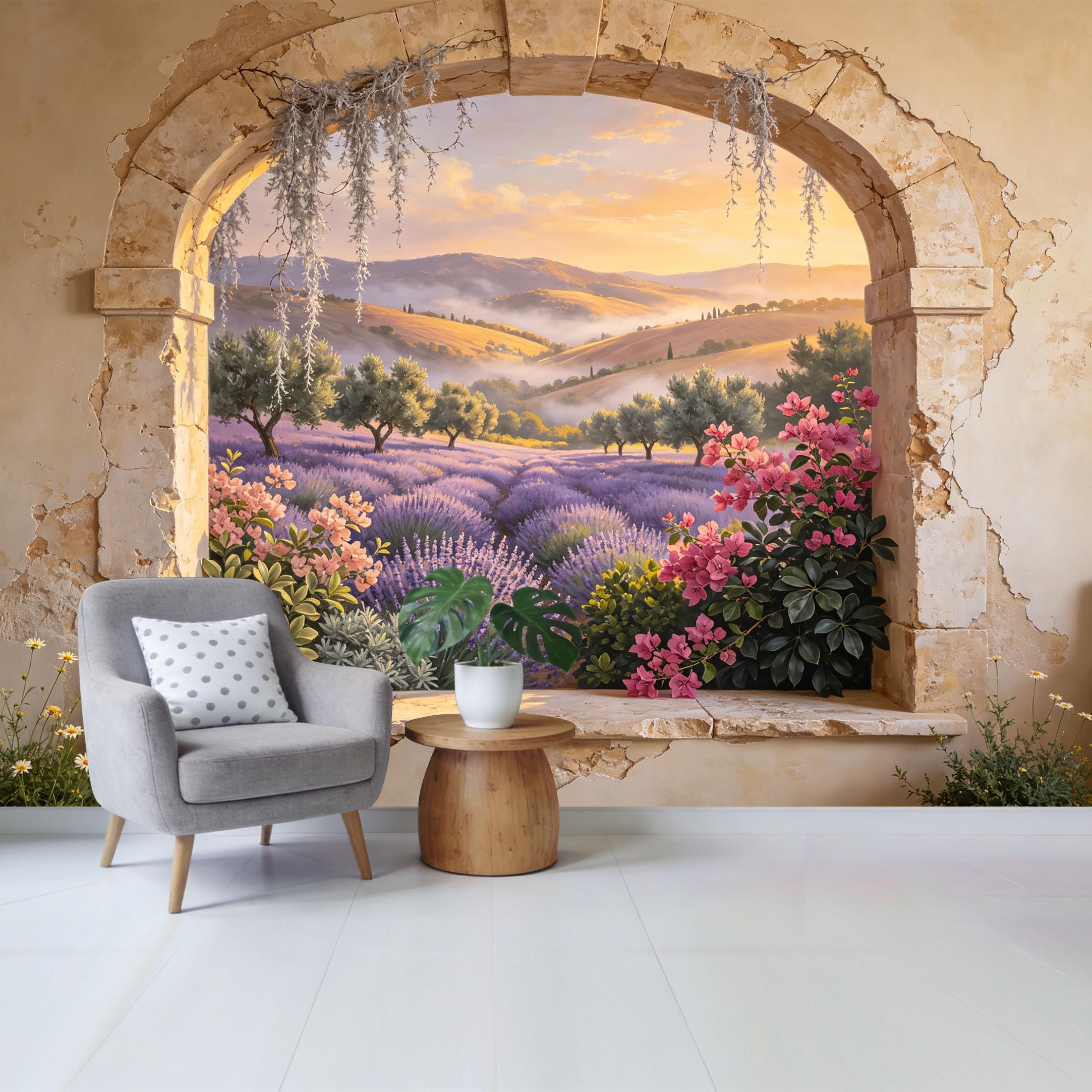Custom Size Wall Mural Tuscan Lavender Field Landscape Trompe L'Oeil Window View Removable Self Adhesive Fabric，Home Wall Decor for Living Room Bedroom Bathroom
