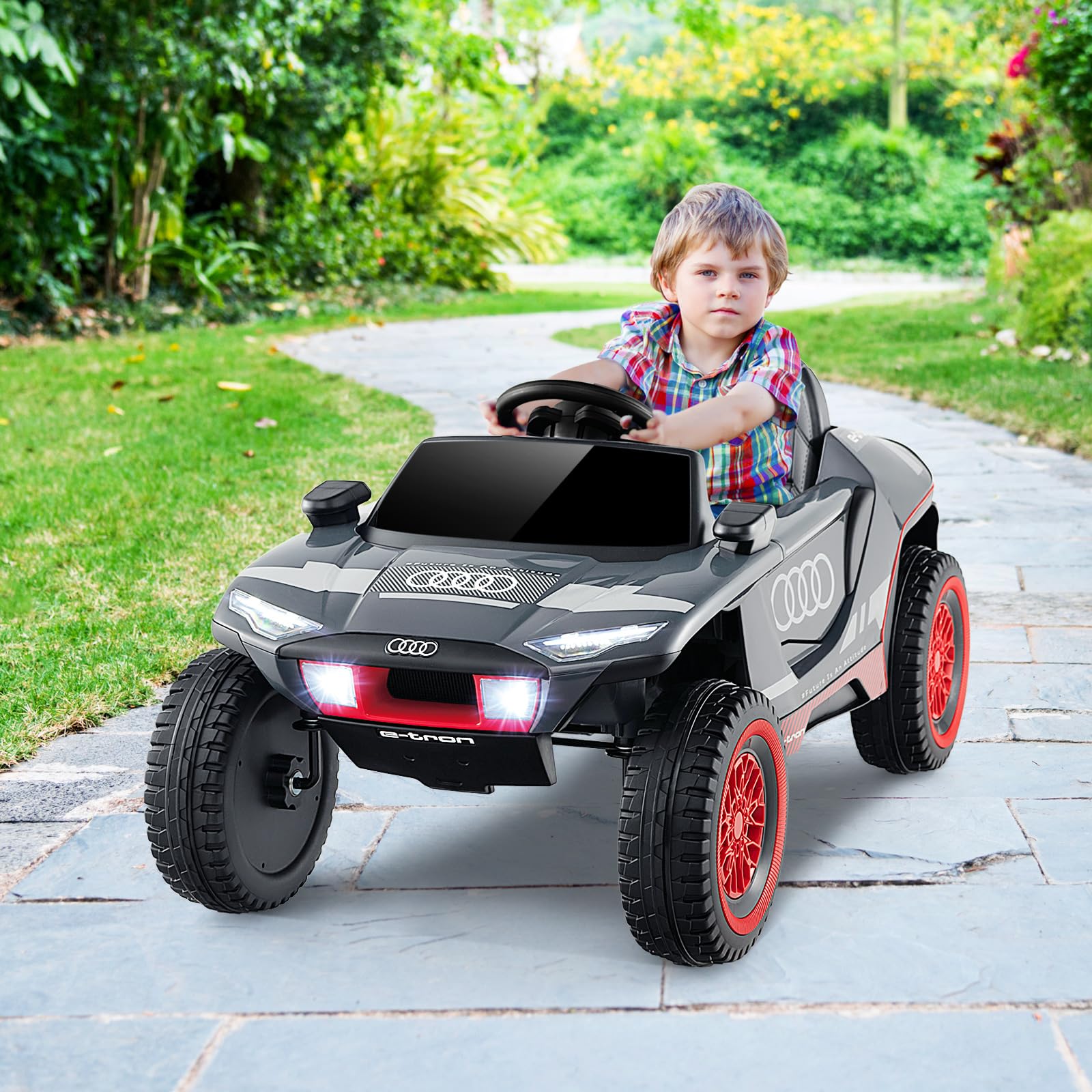 GOPLUS Voiture Electrique Enfants 12 V, Audi Quad 4x4 Electrique Enfants 1 Place avec Télécommande Parentale 2,4G, Musique Intégrée, Lumières LED, 3-6,5 km/h Charge 25KG pour Enfant 3 Ans+