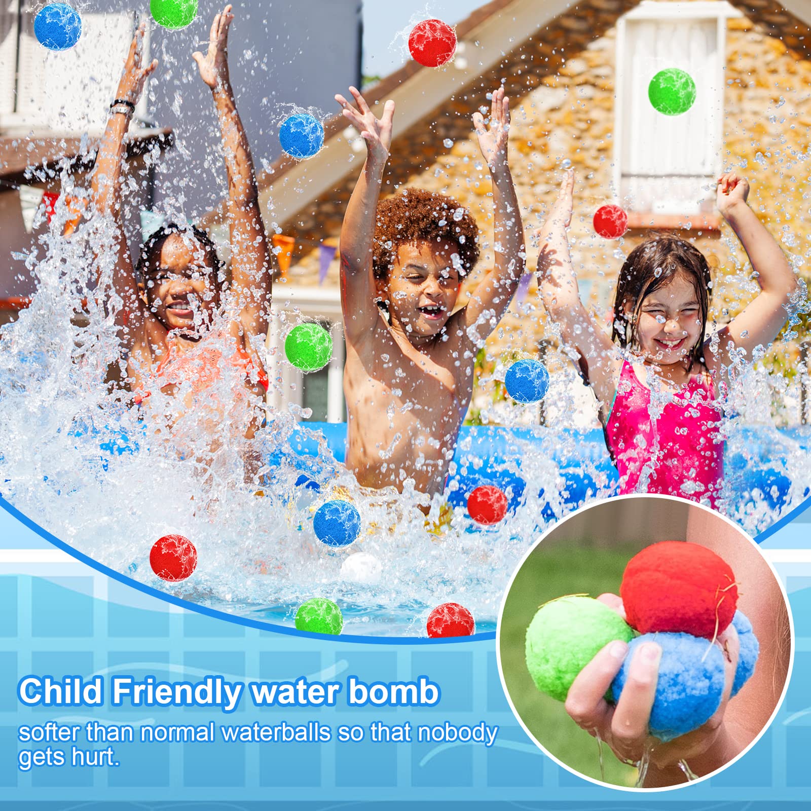 Aurasky Balles à Eau Réutilisables, 30 Pcs Ballon d'eau en Peluche, Bombes à Eau Colorés, Boules à Eclaboussures, Jouets Aquatiques pour Enfants Extérieur Parc Aquatique Piscine Plage