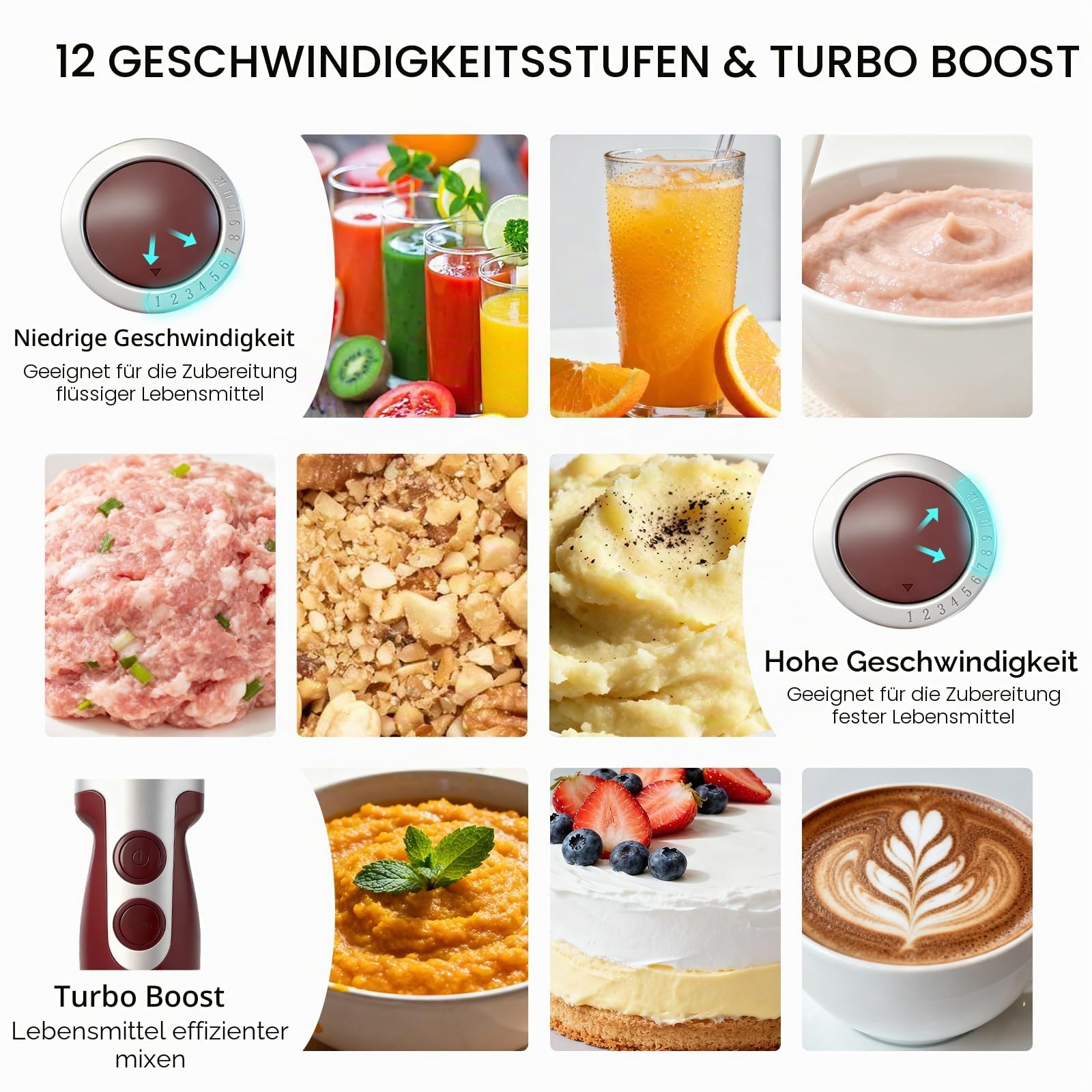 3-in-1 Taucher-Stabmixer, leistungsstarker 1000 W Edelstahl-Stabmixer, 4 scharfe Klingen mit Schneebesen, Milchaufschäumer-Aufsätze