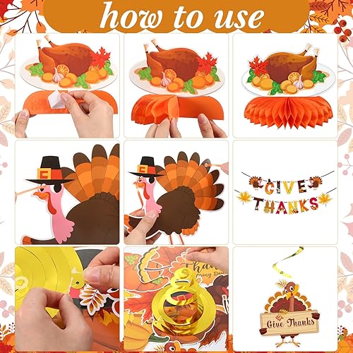 Miniatura 4 de Blosssound 29 piezas de decoraciones de fiesta de Acción de Gracias  Centros de mesa de nido de abeja de hoja de arce de pavo y calabaza, pancartas