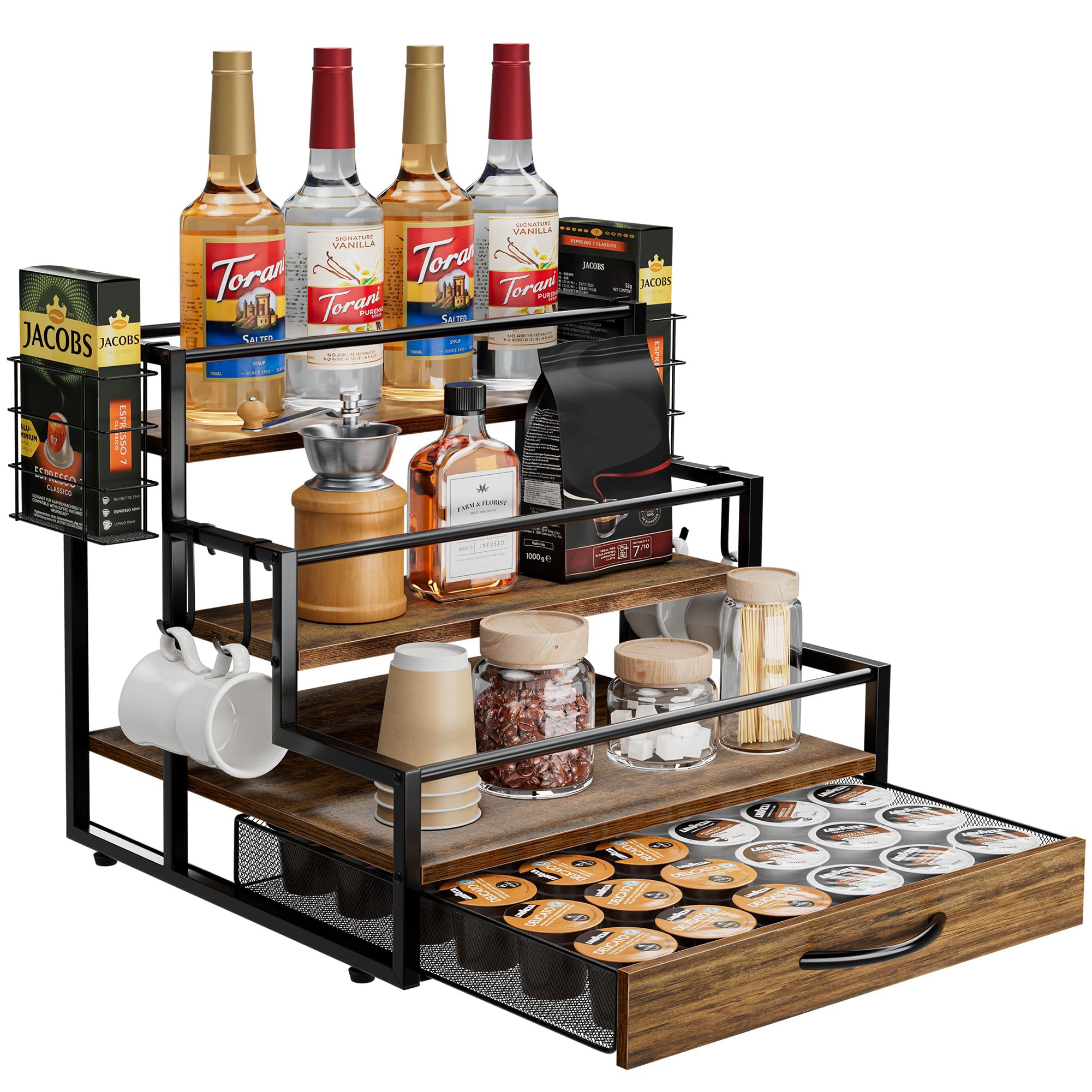 Estante organizador de jarabe de café, soporte para botellas de jarabe de 4 niveles con cajón de 36 K Cup Pod Storage para barra de café, 12 estantes de almacenamiento de botellas para jarabe, vino