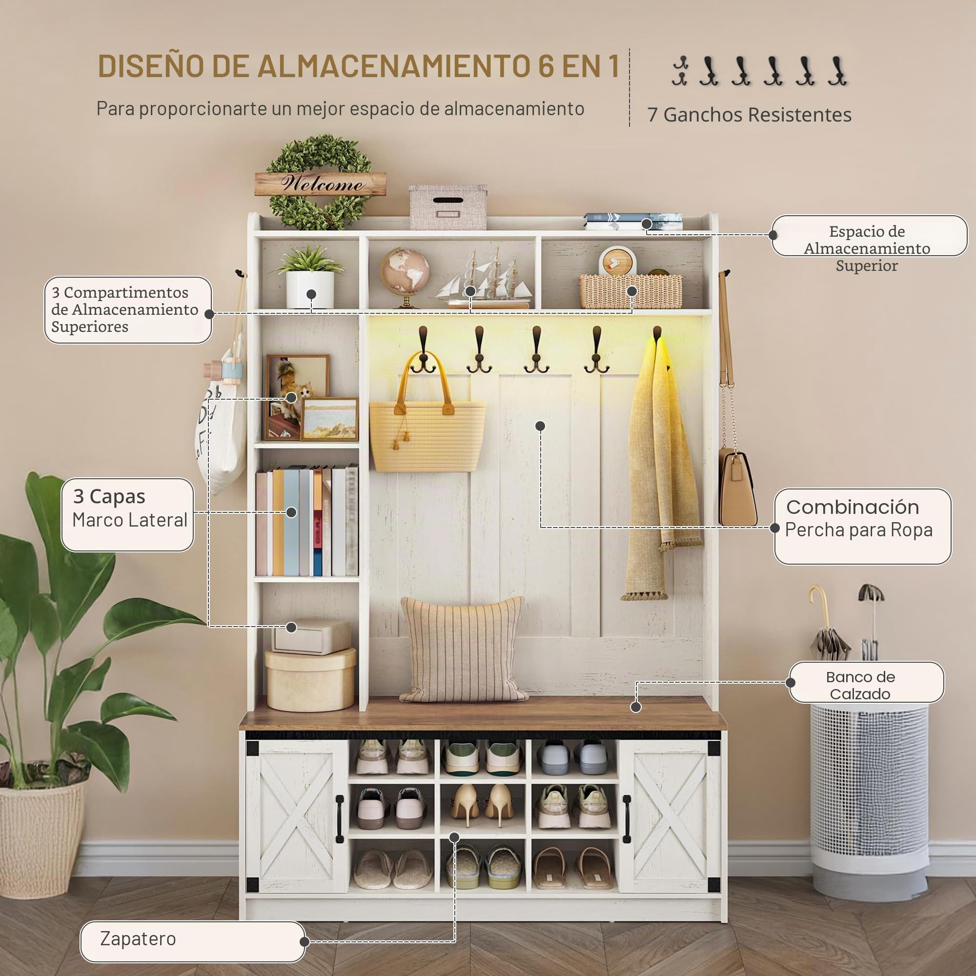 Hzuaneri Perchero LED con Banco de Zapatos, Mueble de Entrada, Estantes Ajustables, 15 Compartimentos Abiertos, 7 Ganchos, para Entrada, Pasillo, Blanco y Marrón HT24614XEU