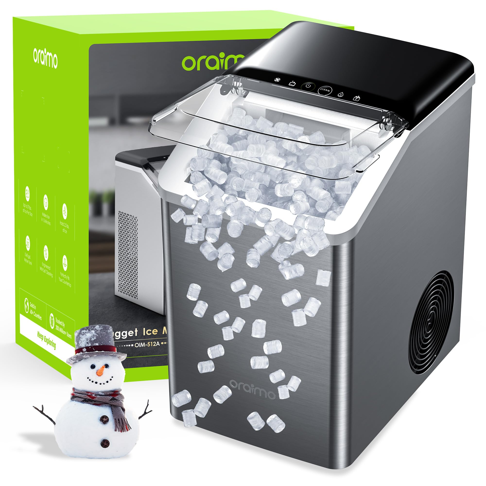 Oraimo Nugget Ice Maker 512A, Ice Makers Countertop, 37 lbs/Day Tooth-Friendly Chewable Ice, Self-Cleaning with Drain Pipe, Sonic Pebble Ice Maker Machine for Party, RV, Home and Kitchen