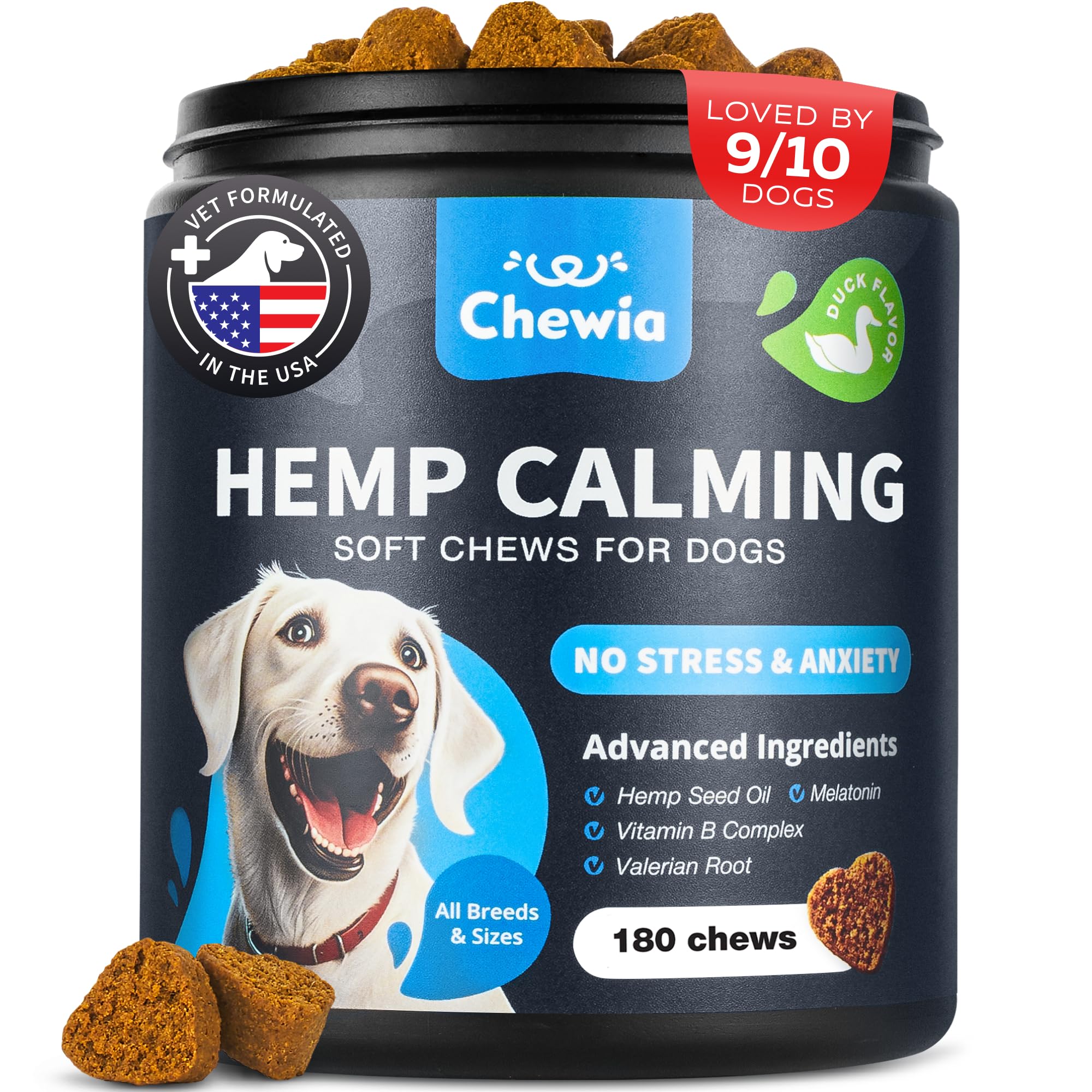 Hemp Calming Chews for Dogs Anxiety - Dog Calming Treats with Melatonin, Valerian Root, Chamomile Extract & Vitamin B Complex - Canine Chews for Vet Visits, Grooming, Travel, Thunderstorms, Fireworks