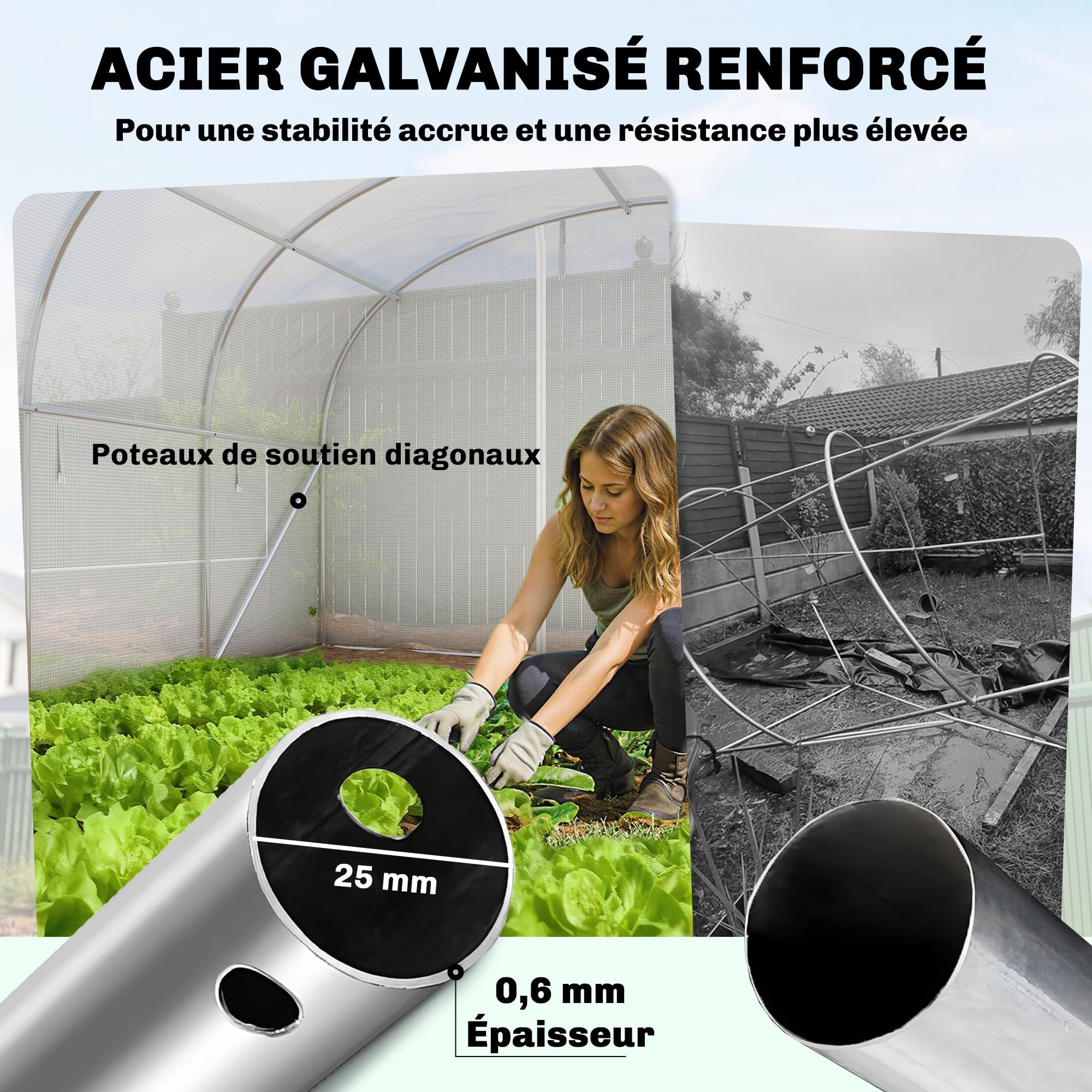 Outsunny Serre Tunnel de Jardin 24m², Serre de Jardin Tunnel 295x798x198cm avec Cadre en Acier galvanisé, Portes et 2 Grandes fenêtres, bâche PE Haute densité 140 g/m² prolongée de 20 cm, Blanc