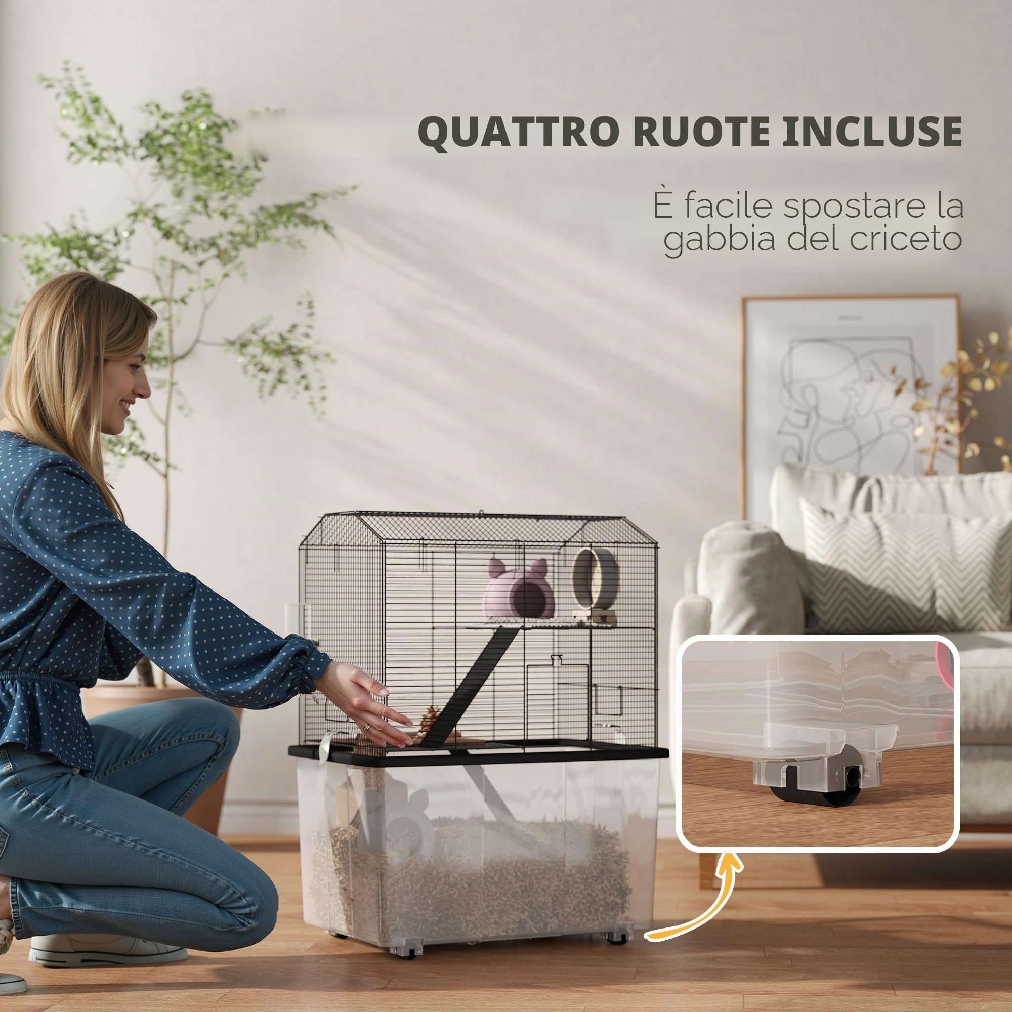PawHut Gabbia per criceti, gabbia per roditori, 3 piani, con rotelle, 2 piattaforme e 2 scalette, in filo d'acciaio, 57 x 43 x 74 cm, nera