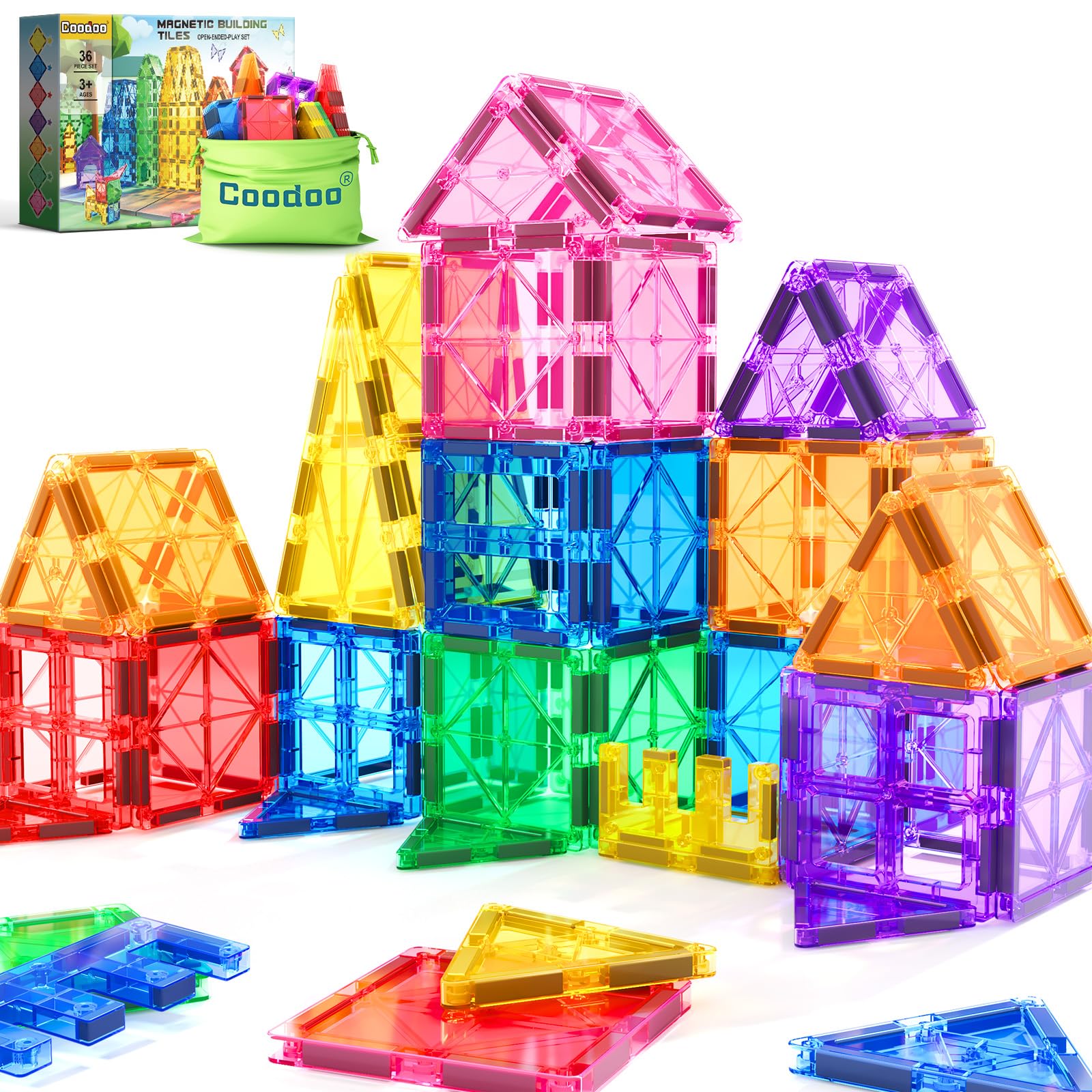Coodoo Kids Toys Magnetic Tiles Starter Set, Magnetic Blocks for Toddlers Magnet Building Toys Preschool Montessori Learning Games for 3+ Year Old Boys & Girls, Creative Classroom Supplies