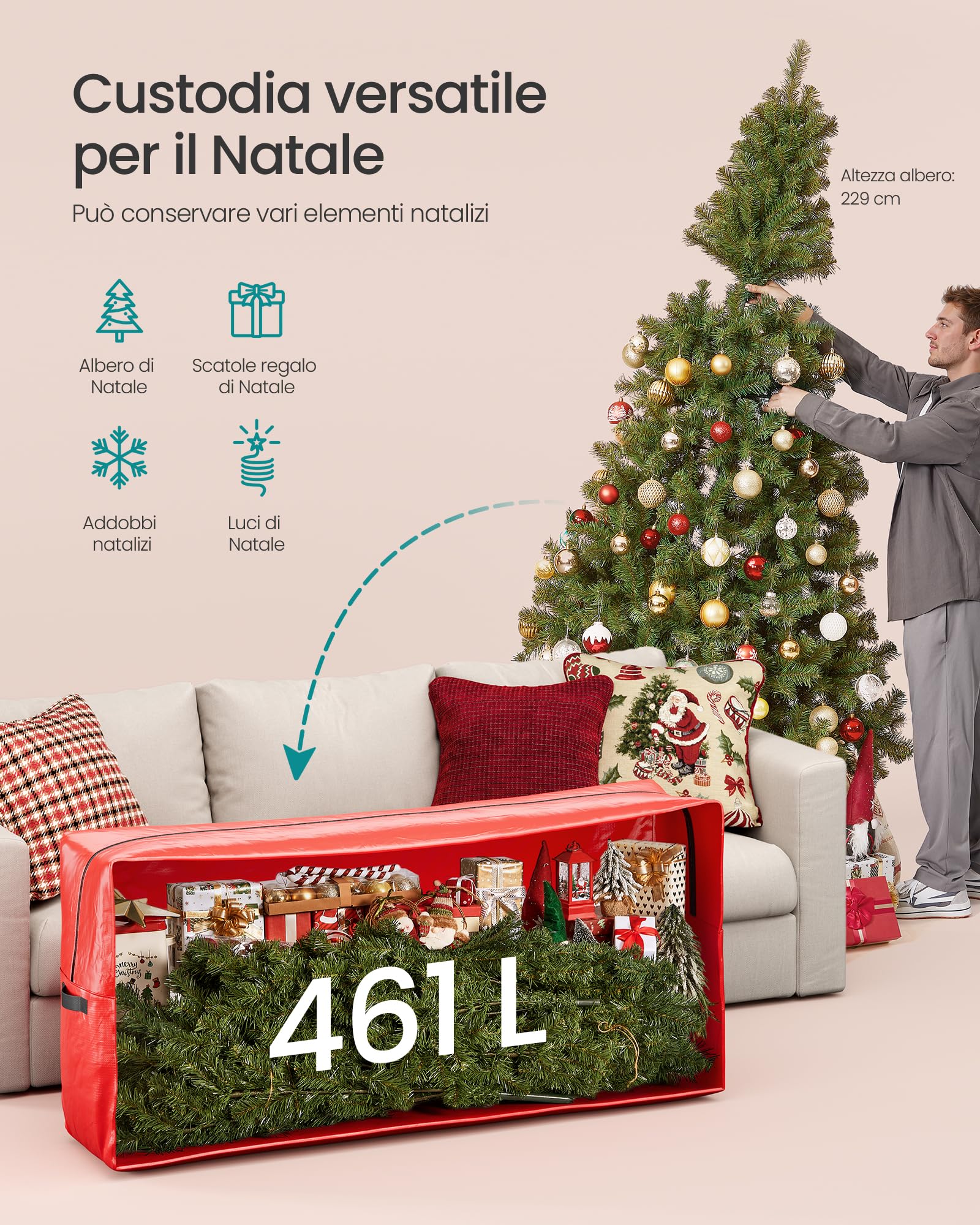 SONGMICS Borsa per Albero di Natale, Custodia per Albero Smontabile fino a 274 cm, Cuciture Interne Rinforzate, Maniglie Lunghe, con Cerniera, PE, Rosso RXS006R01