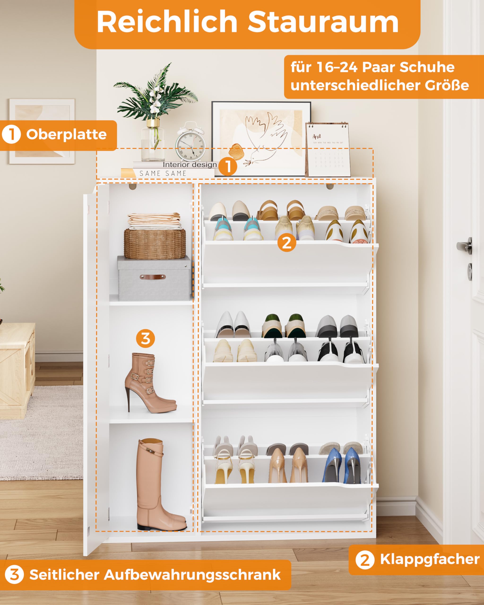 IRONCK Schuhschrank mit 3 Klappen, Schuhkipper Schmal mit Tür, Schuhregal Flur freistehend, Schuhkommode mit verstellbaren Trennwände, Schuhablage Schrank für Eingang Wohnzimmer, 77x30x112cm, Weiß