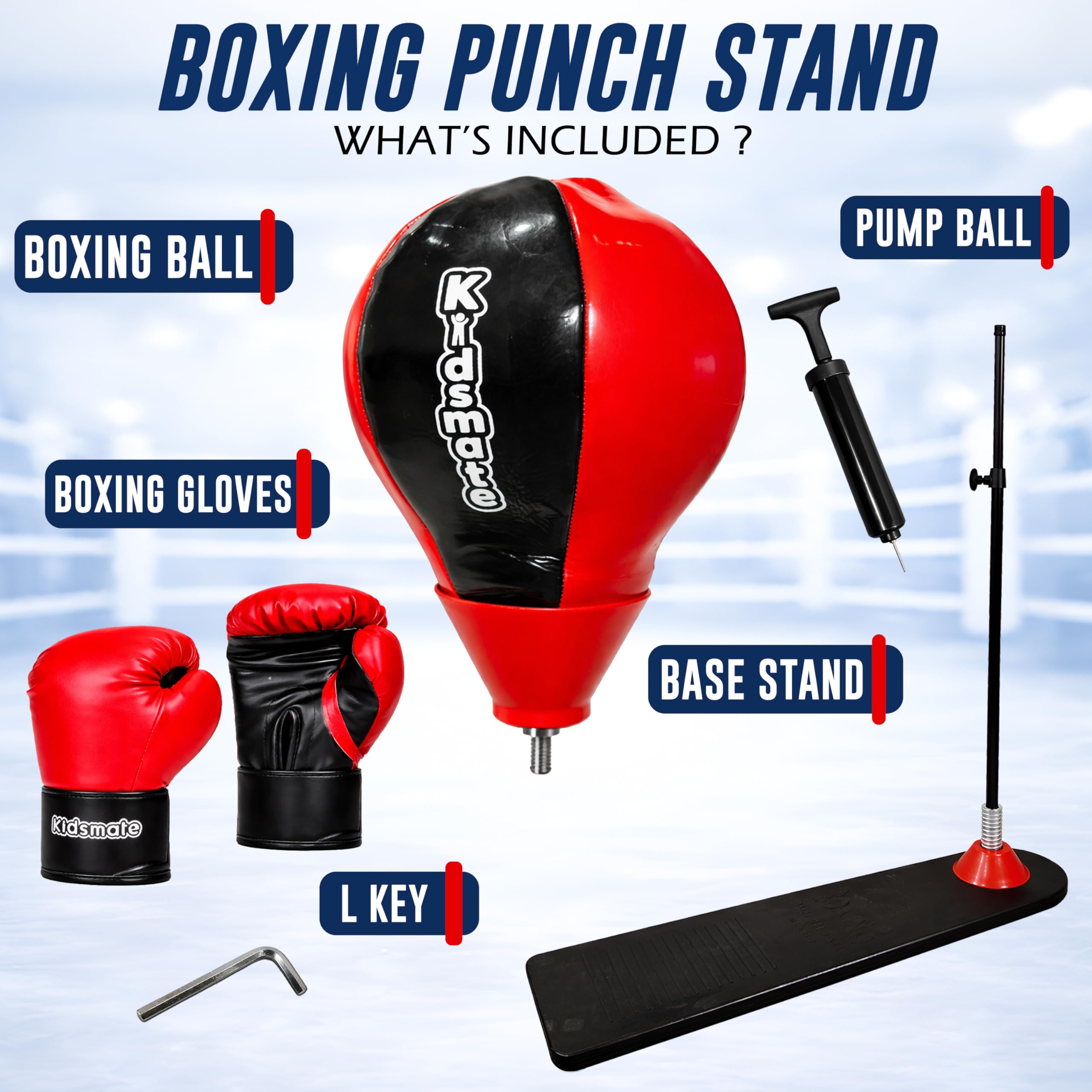 Kidsmate Power Punch Boxing Punching Stand for Kids with Gloves & Pump | Adjustable Height Freestanding Punch Ball, Fitness Training Indoor Exercise Toy for Boys & Girls of Ages 3-15 yrs - Red/Black 1