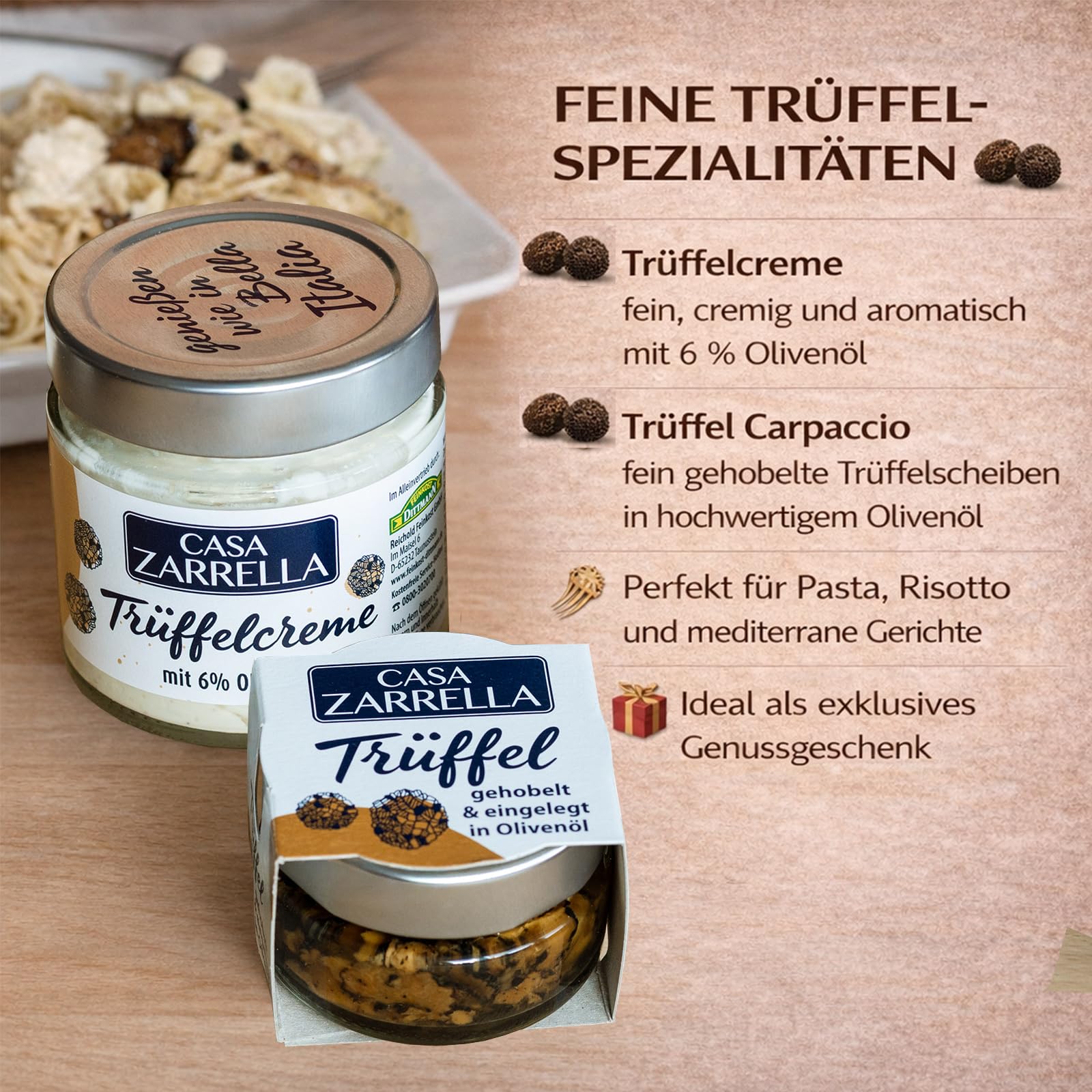 Casa Zarrella Romantik-Box für Genießer mit Alkohol – Romantische Antipasti Geschenkbox mit 6 italienischen Spezialitäten & 2 Aperitif-Drinks